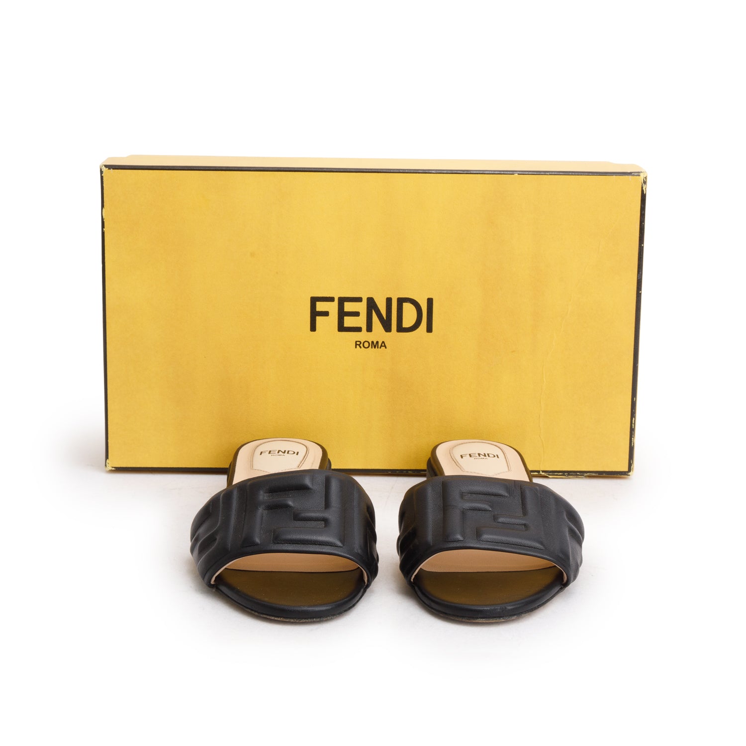 Fendi Black Calfskin FF Logo Slide Sandals, Women's Size 35 w/ Box