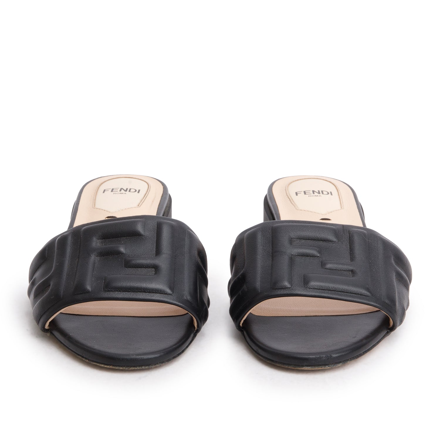 Fendi Black Calfskin FF Logo Slide Sandals, Women's Size 35 w/ Box