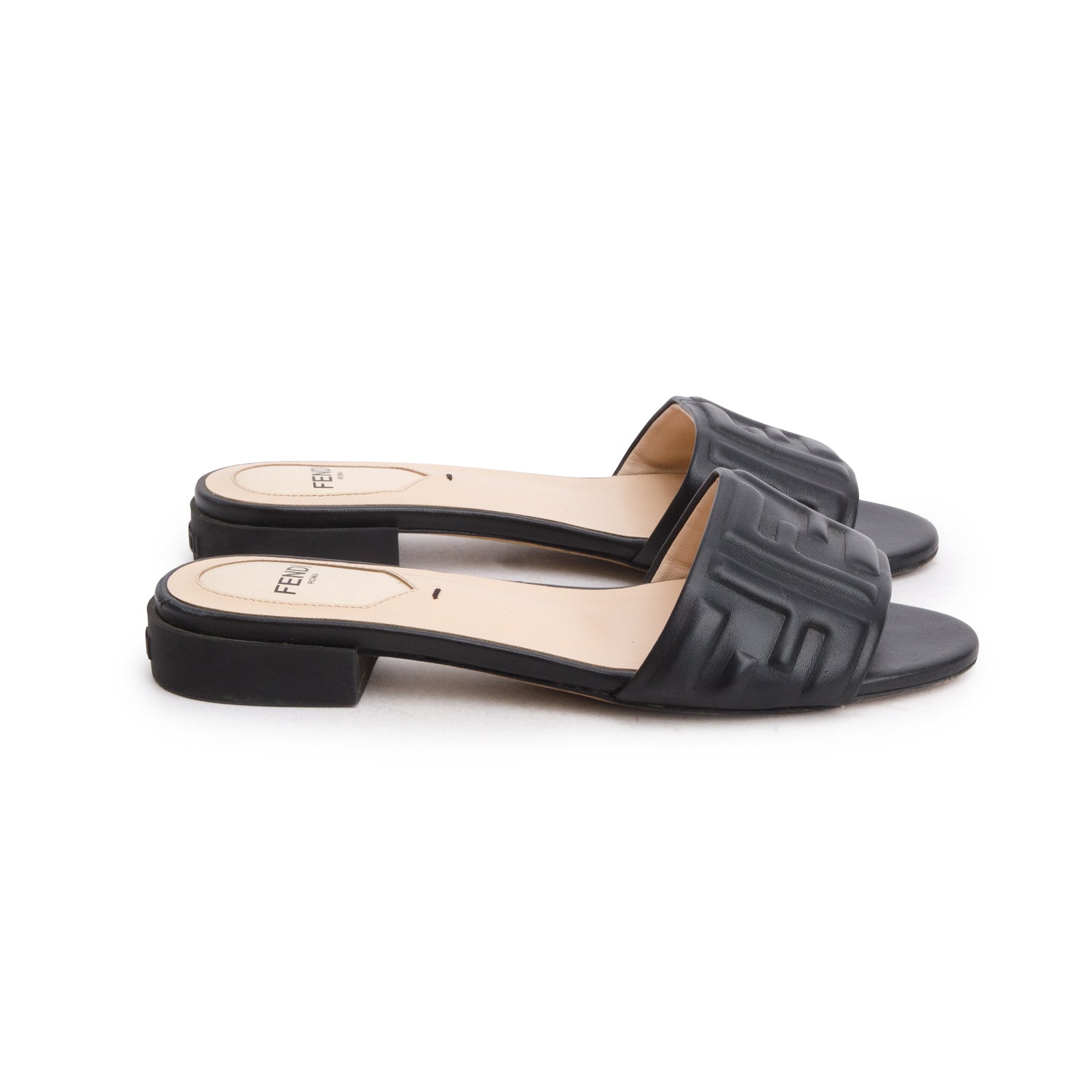 Fendi Black Calfskin FF Logo Slide Sandals, Women's Size 35 w/ Box