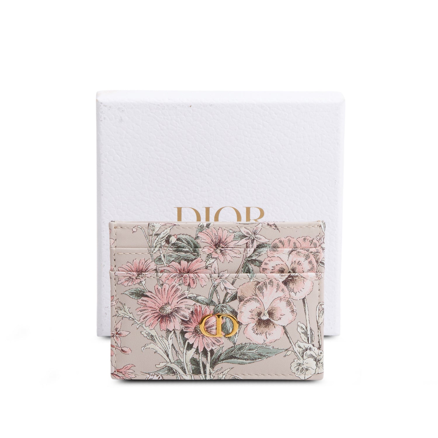 Christian Dior 2025 Beige Multicolor Printed Leather Caro Freesia Card Holder w/ Box