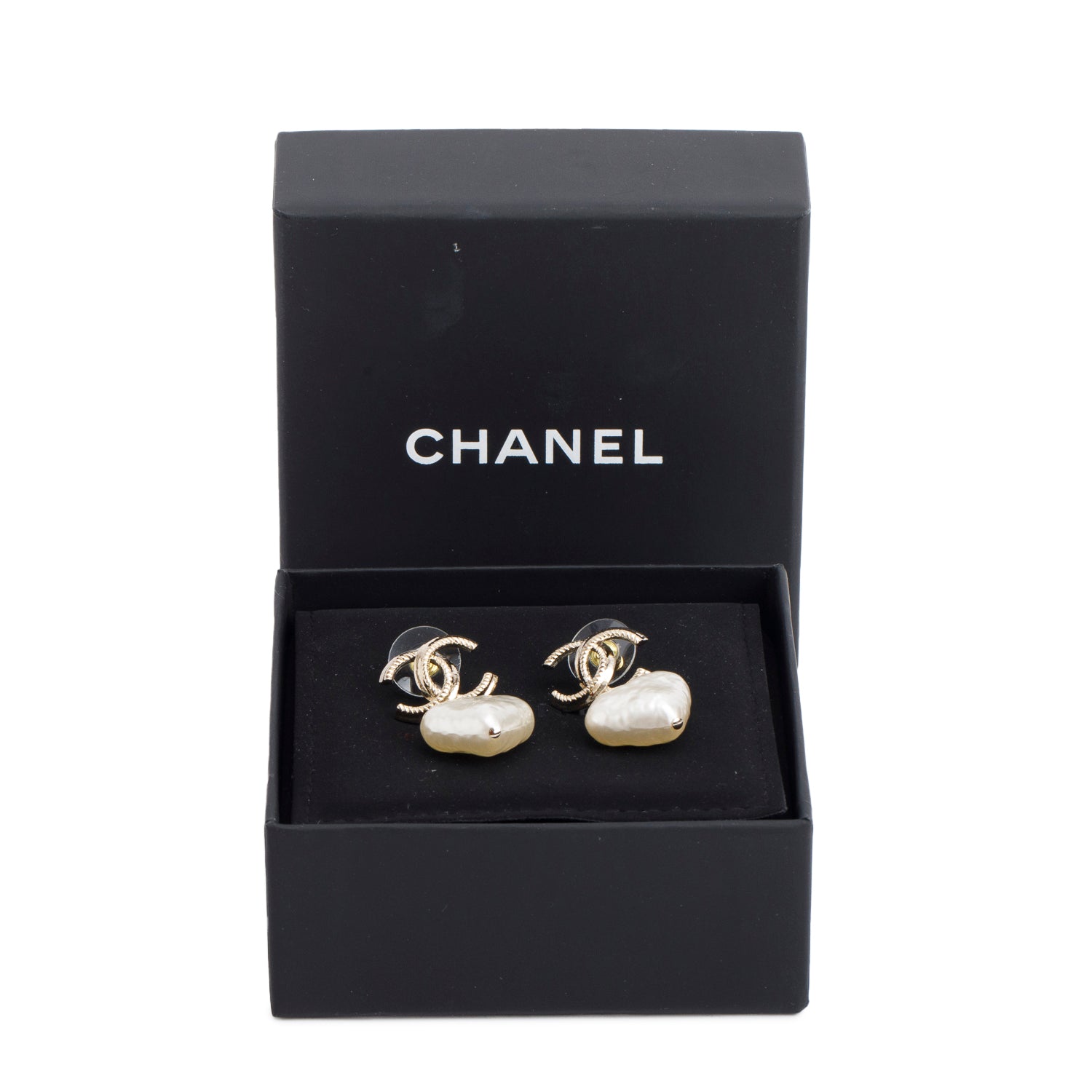 Chanel 2024 Gold-Plated Faux Pearl Heart CC Drop Earrings w/ Box