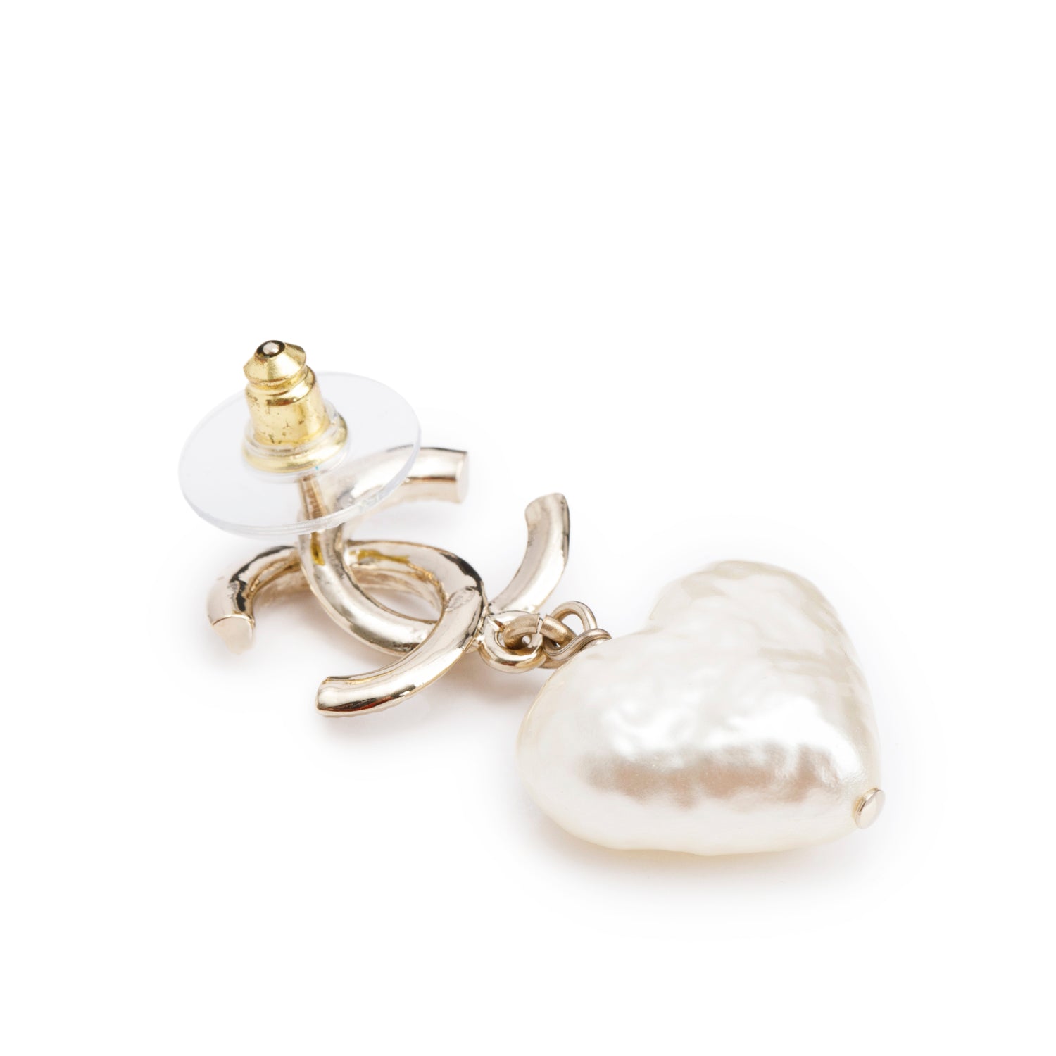 Chanel 2024 Gold-Plated Faux Pearl Heart CC Drop Earrings w/ Box