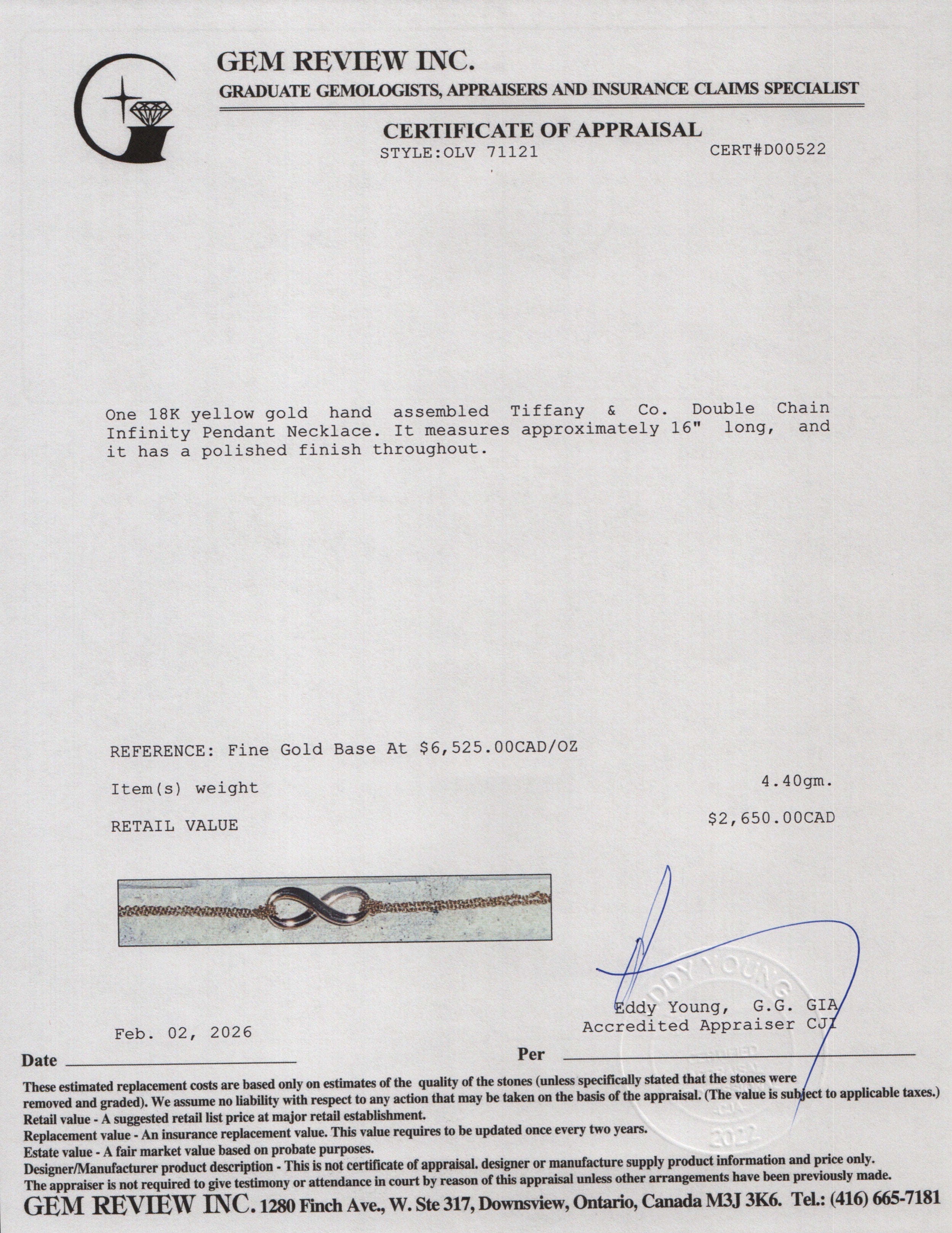 Tiffany & Co. 18k Yellow Gold Double Chain Infinity Pendant Necklace w/ Box