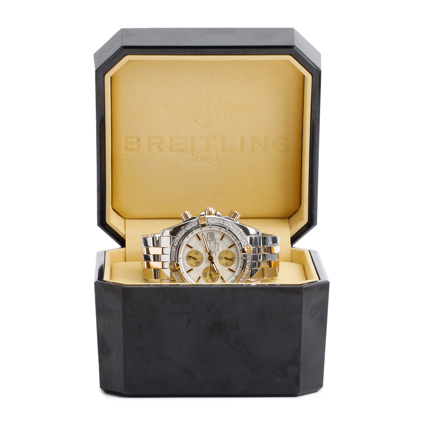 Breitling Stainless Steel & 18k Yellow Gold Diamond Bezel Chronomat Evolution 44 MM Automatic Chronograph Watch Mother of Pearl Dial B13356 w/ Box