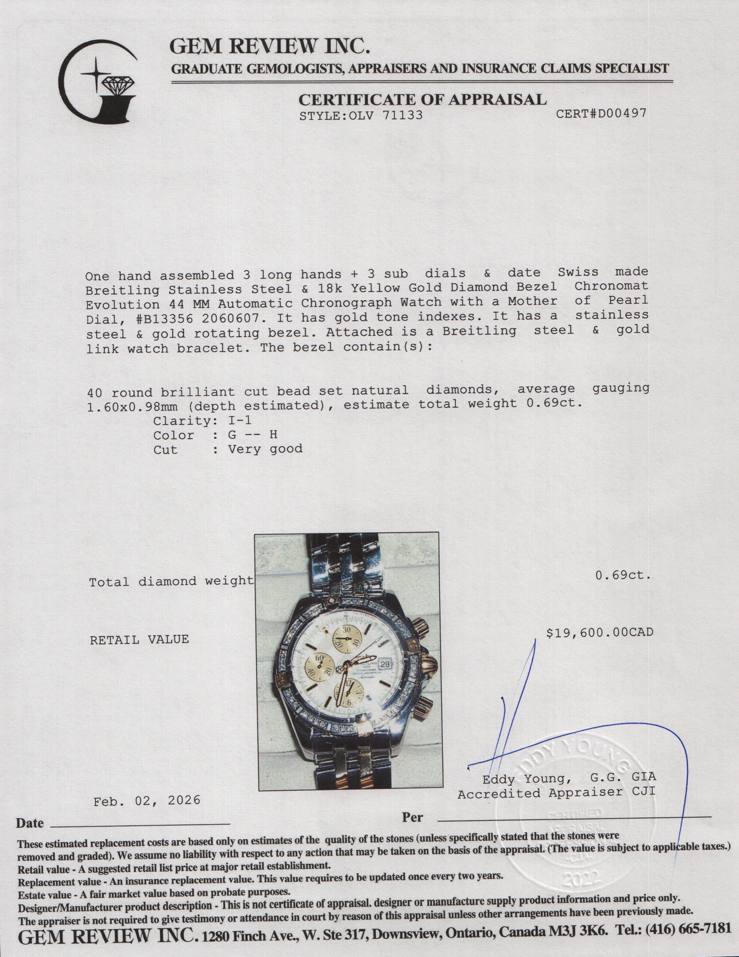 Breitling Stainless Steel & 18k Yellow Gold Diamond Bezel Chronomat Evolution 44 MM Automatic Chronograph Watch Mother of Pearl Dial B13356 w/ Box