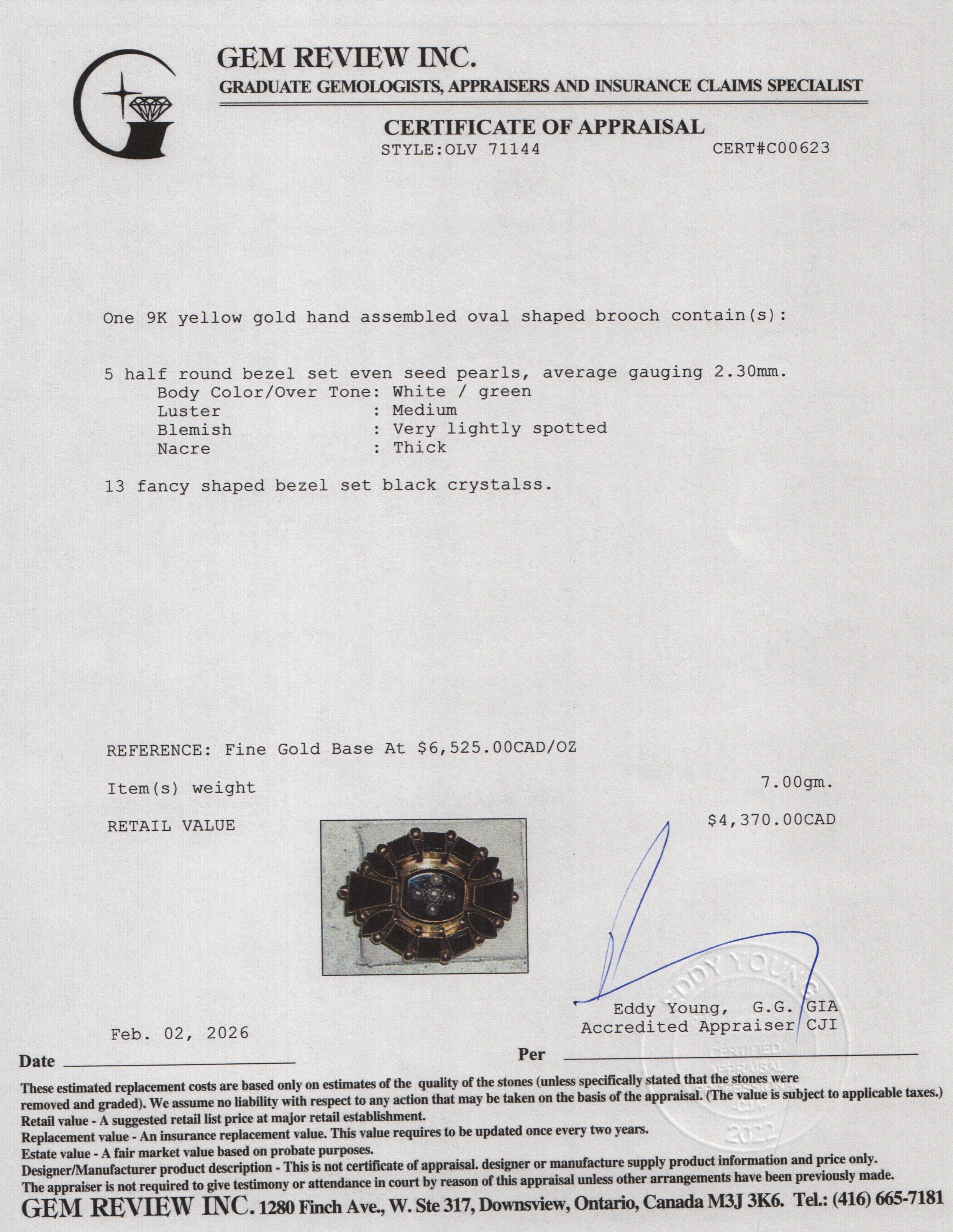 Antique 9k Yellow Gold Seed Pearl & Black Crystal Pendant Brooch