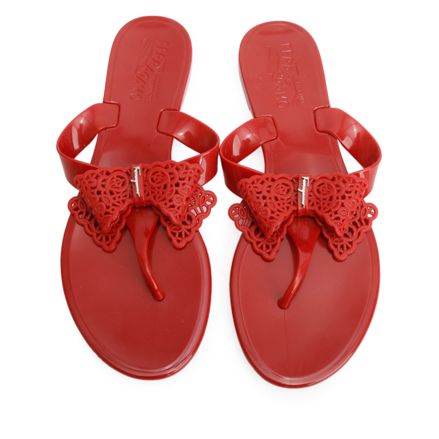 Ferragamo Red Rubber Bow Accent Sandals, Women's Size 8