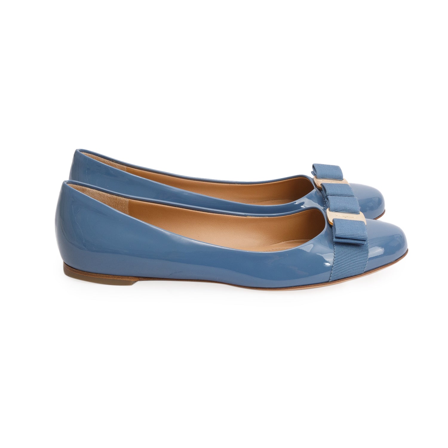 Ferragamo Blue Patent Leather Vara Bow Ballet Flats, Size 38