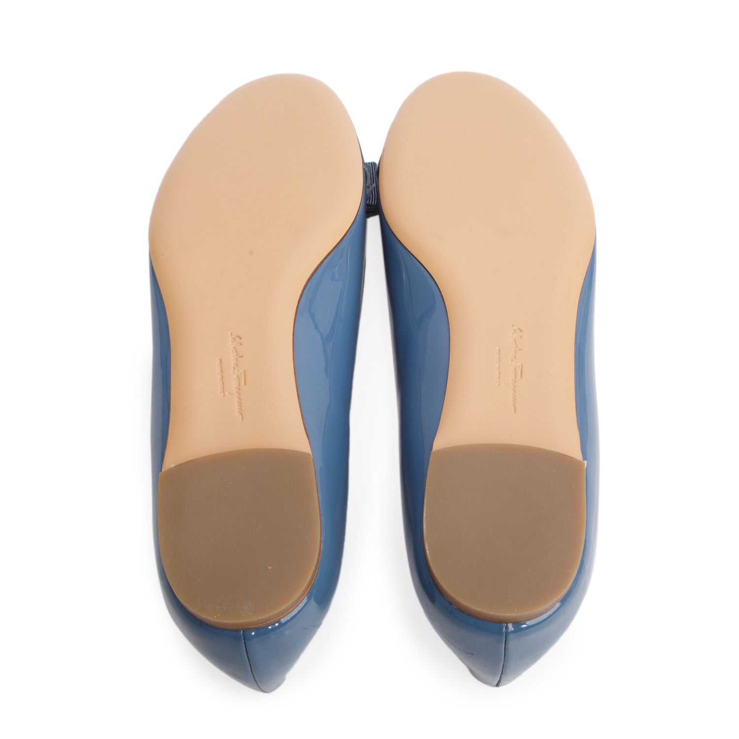 Ferragamo Blue Patent Leather Vara Bow Ballet Flats, Size 38