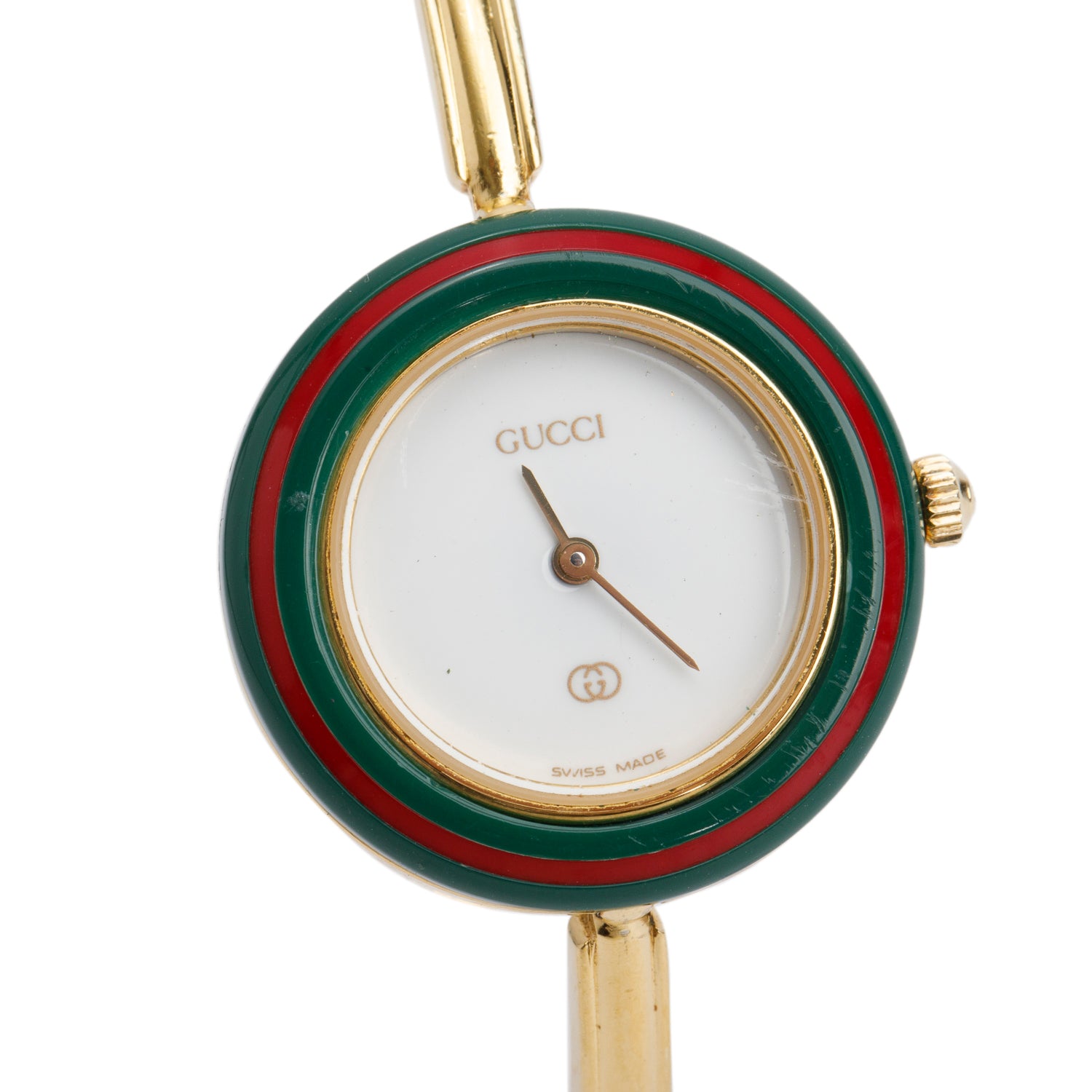 Gucci Gold Plated Stainless Steel 1100 Series 26MM Watch w/ Box, Papers & 12 Multicolour Interchangeable Bezels