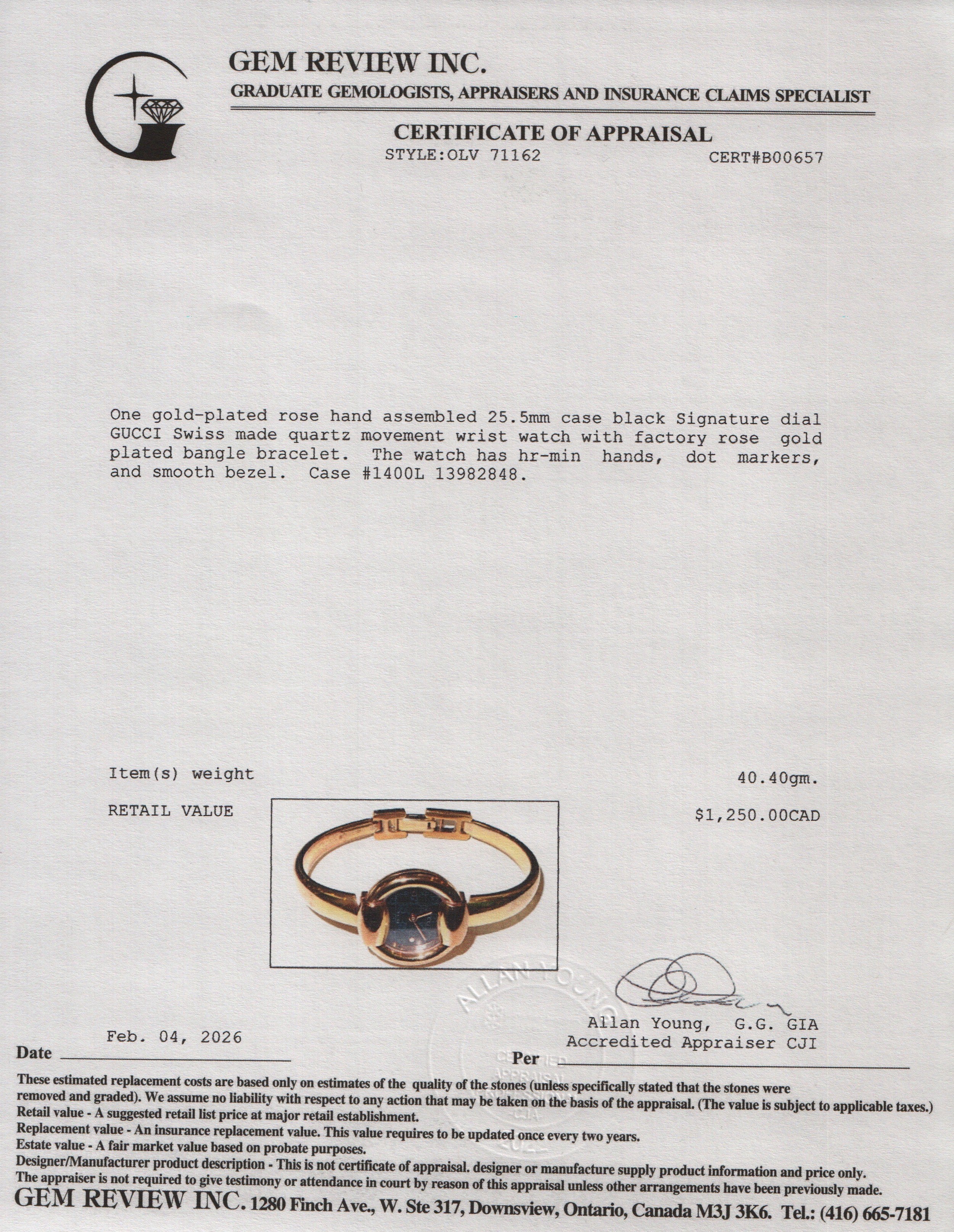 Gucci Rose Gold-Plated Stainless Steel 1400L Series 25.5 MM Watch Black Signature Dial