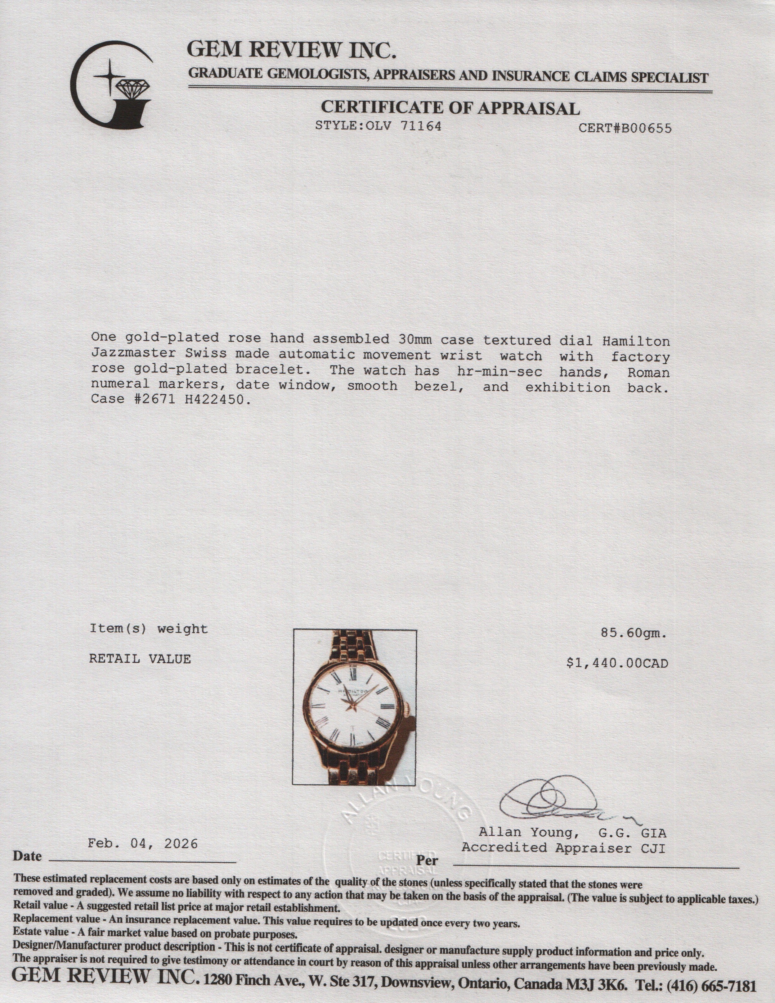 Hamilton Rose Gold-Plated Stainless Steel Jazzmaster 30 MM Automatic Watch Mother of Pearl Dial