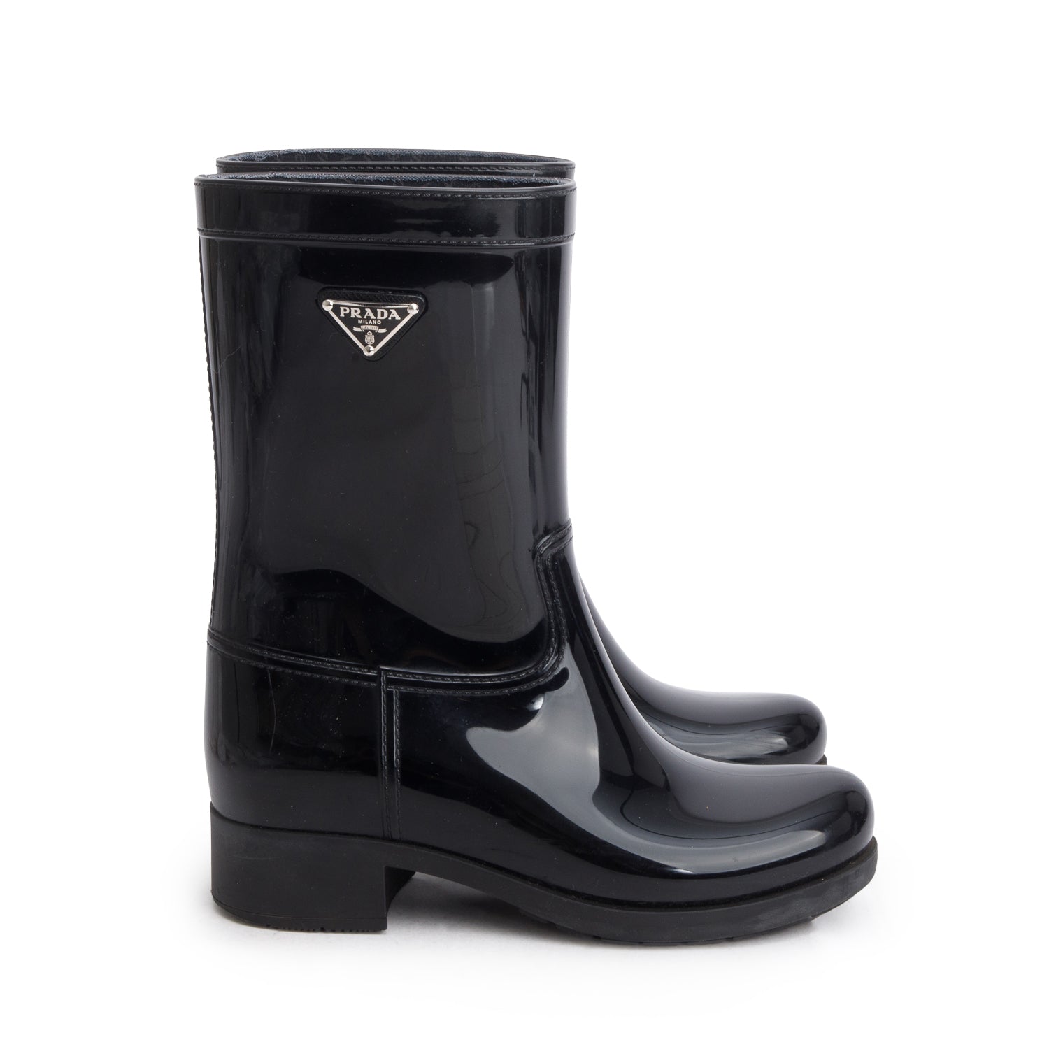 Prada Sport Black Rubber Metal Triangle Logo Ankle Rain Boots, Women's Size 35