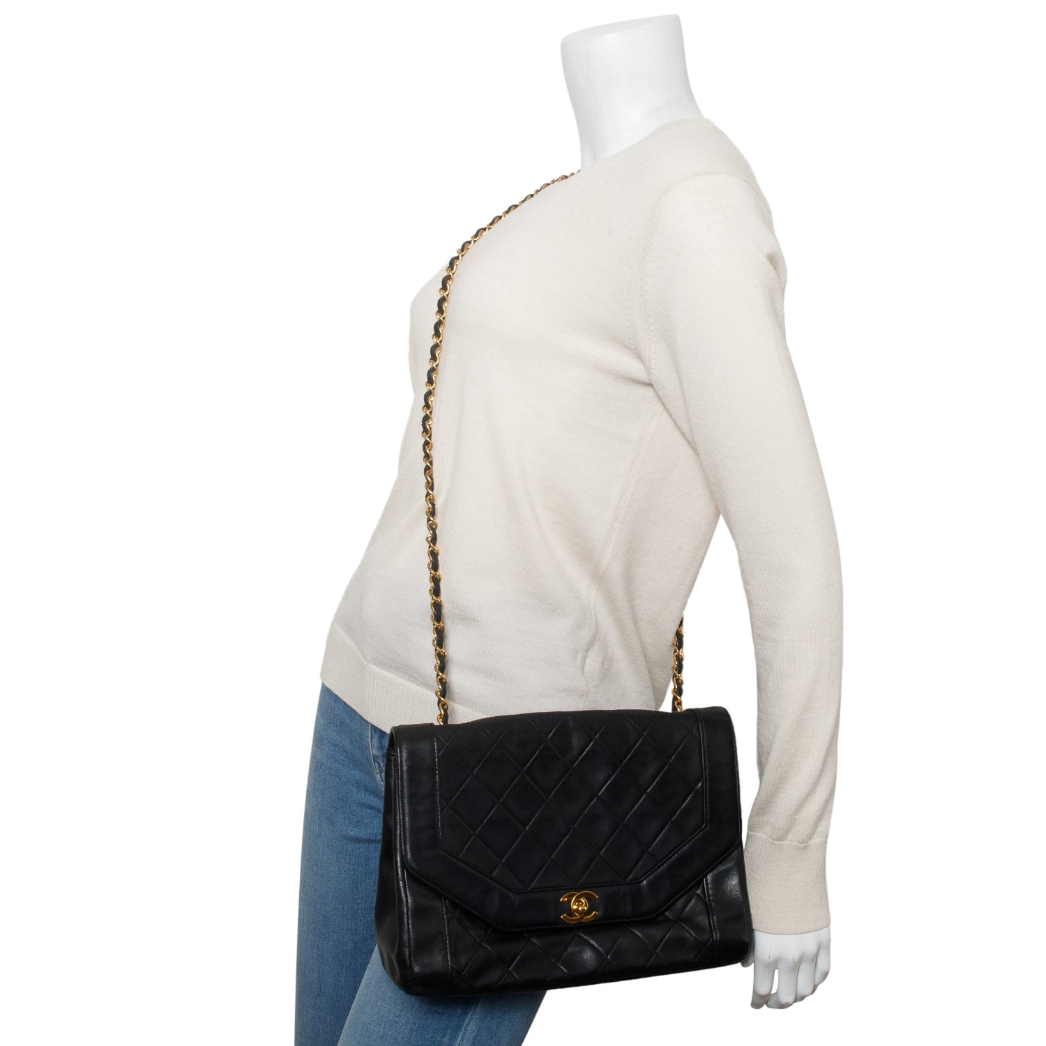 Chanel Vintage Black Lambskin Quilted Medium Diana Flap