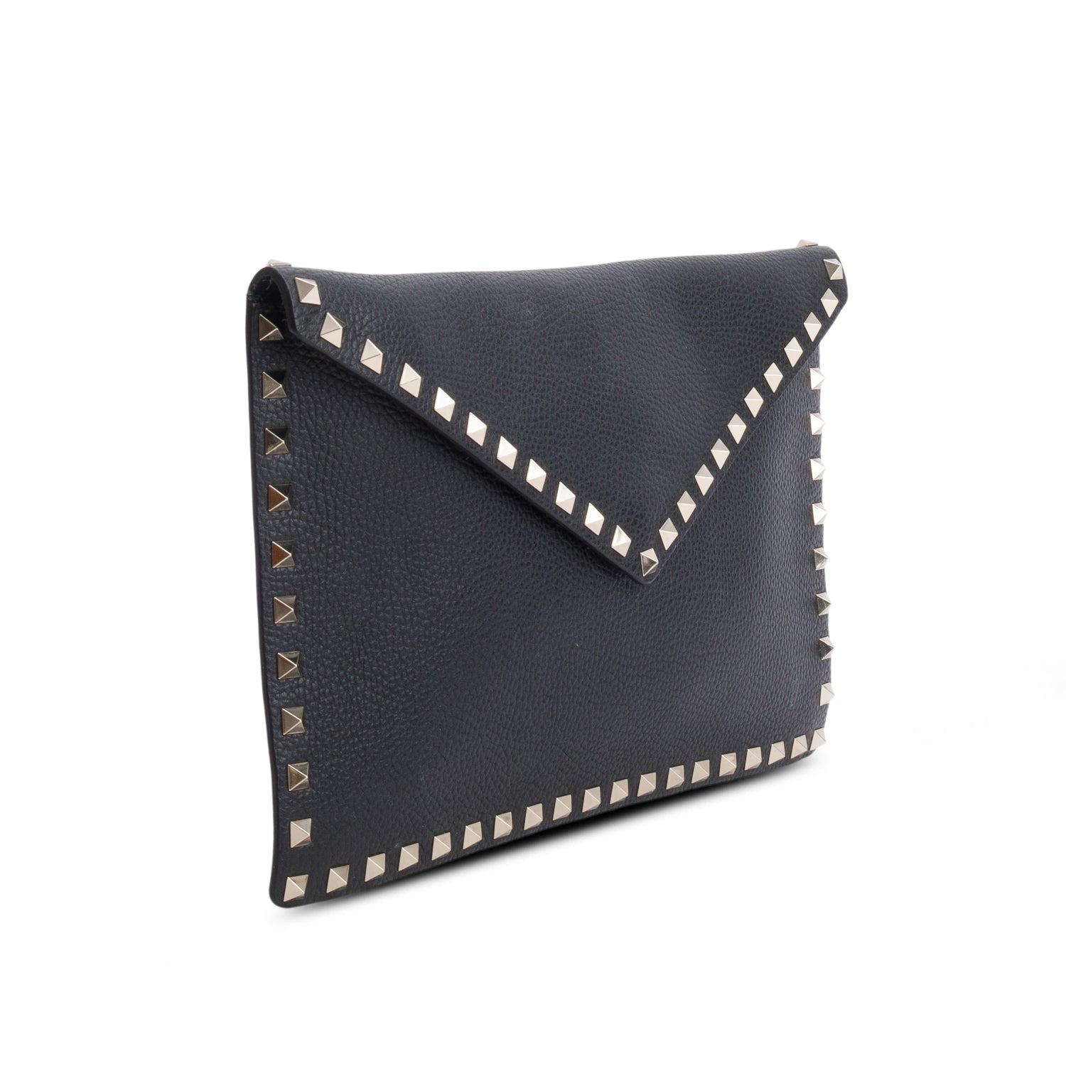 Valentino Black Pebbled Calfskin Large Rockstud Envelope Pouch w/ Box