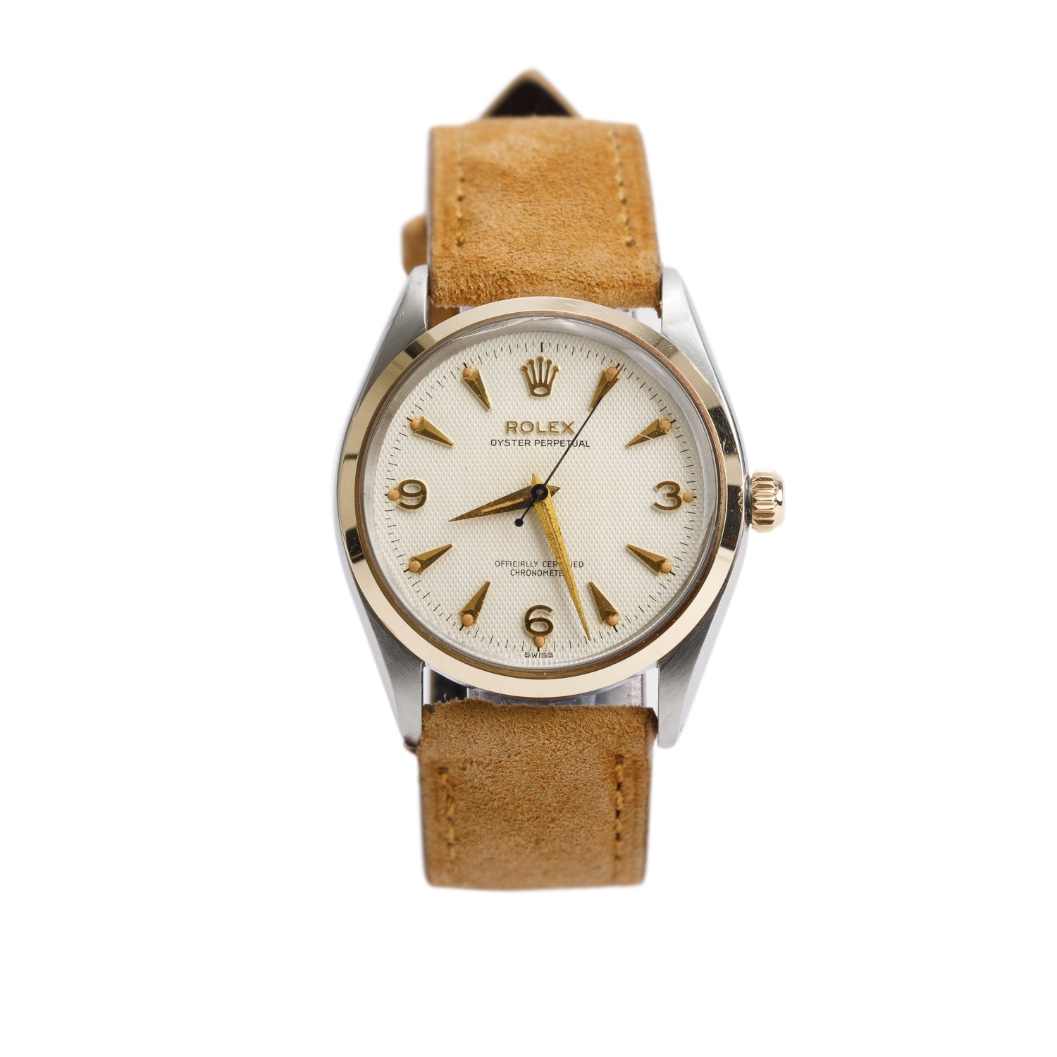 Rolex Vintage Stainless Steel & 14k Yellow Gold Oyster Perpetual 34 MM Automatic Watch Honeycomb Waffle Dial 6564