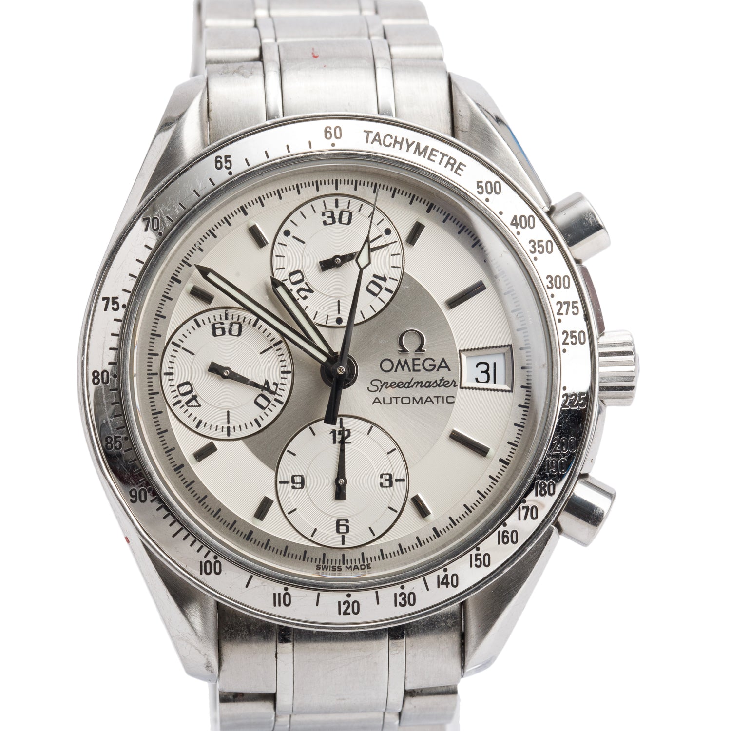 Omega Stainless Steel Speedmaster Date 39 MM Chronograph Automatic Watch Silver Dial w/ Box