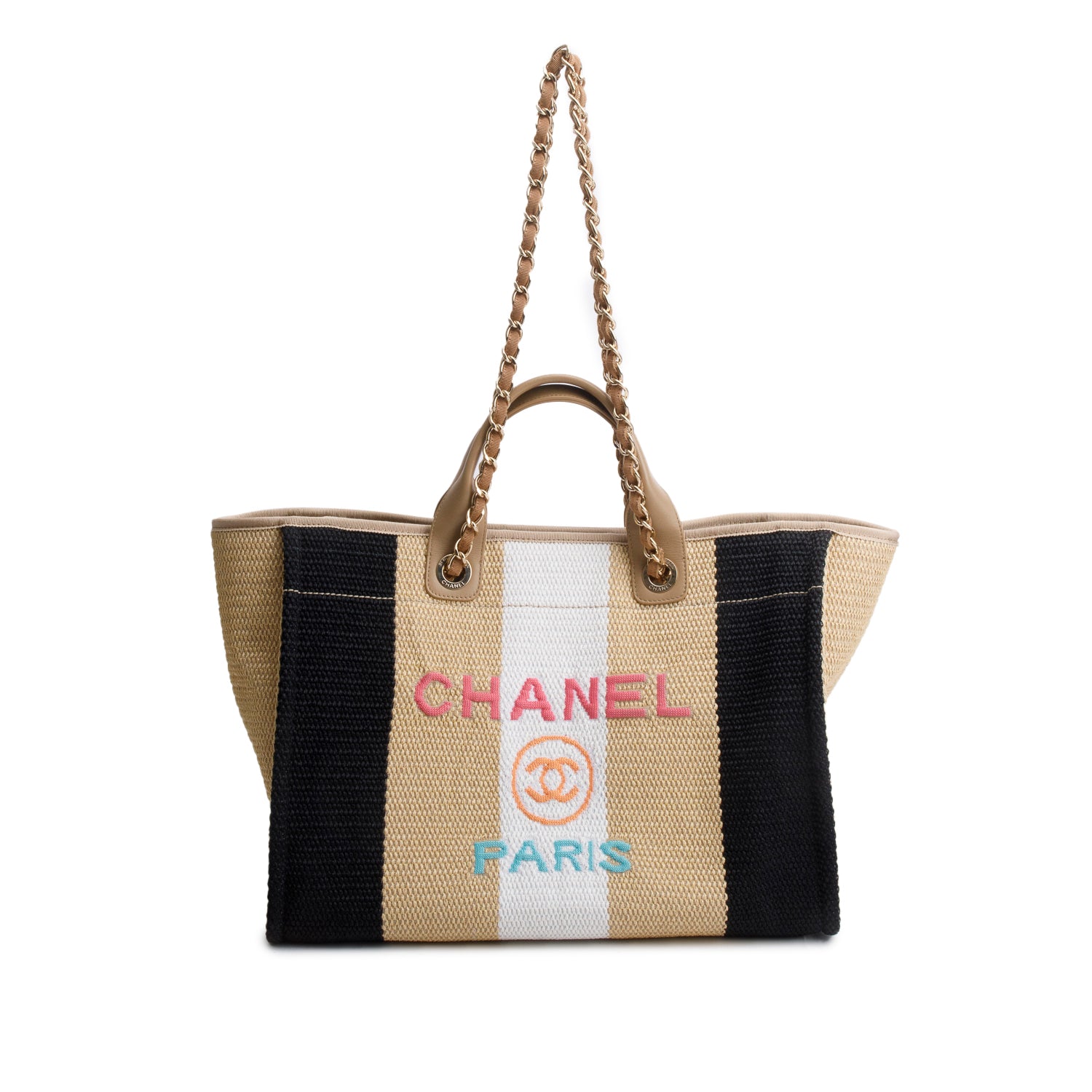 Chanel Multicolor Straw Raffia Calfskin Striped Medium Deauville Tote