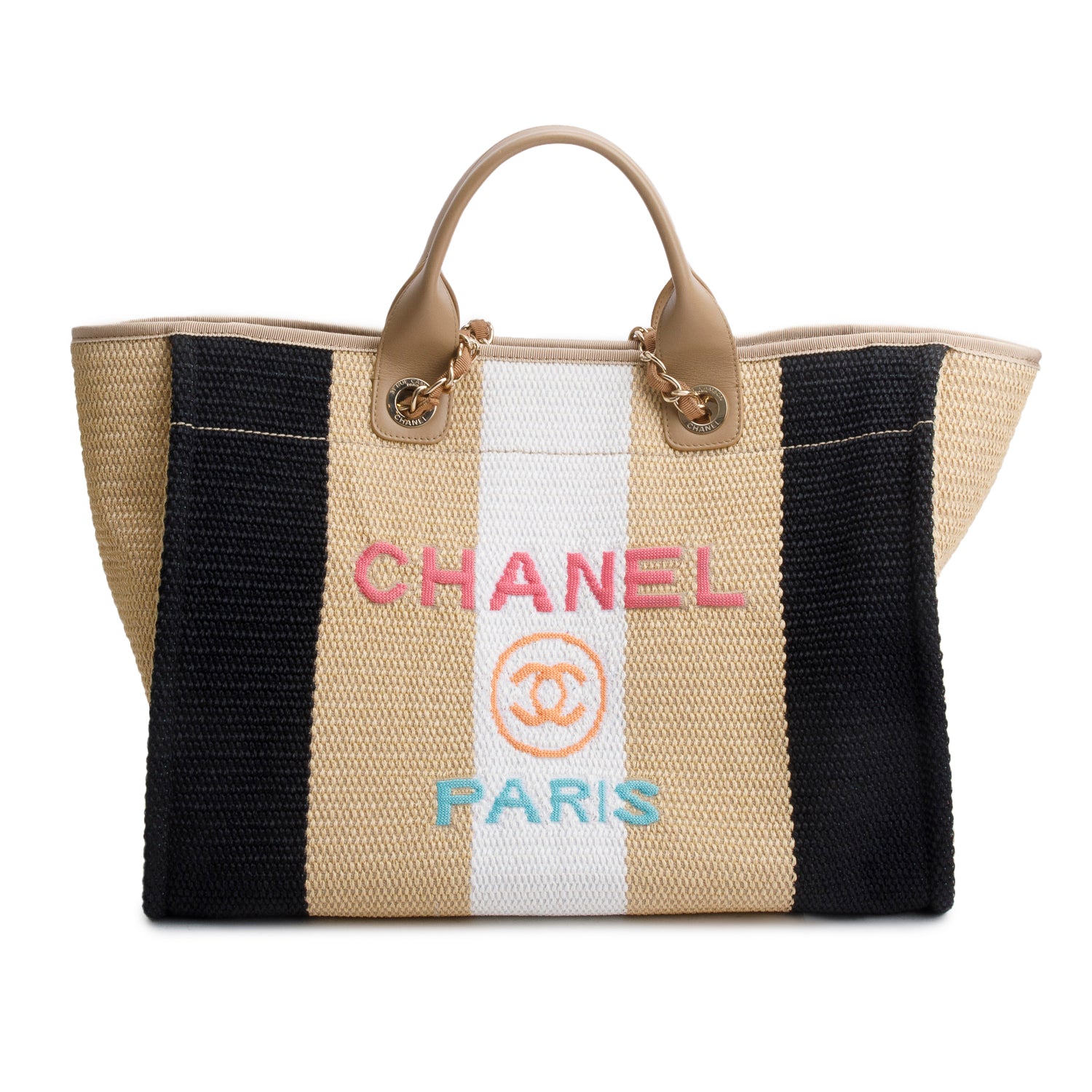 Chanel Multicolor Straw Raffia Calfskin Striped Medium Deauville Tote