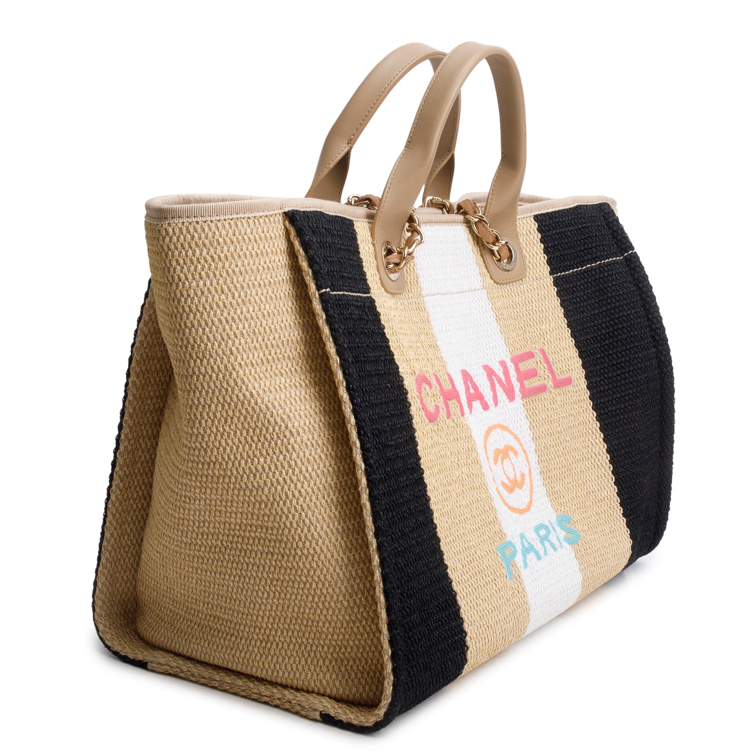 Chanel Multicolor Straw Raffia Calfskin Striped Medium Deauville Tote