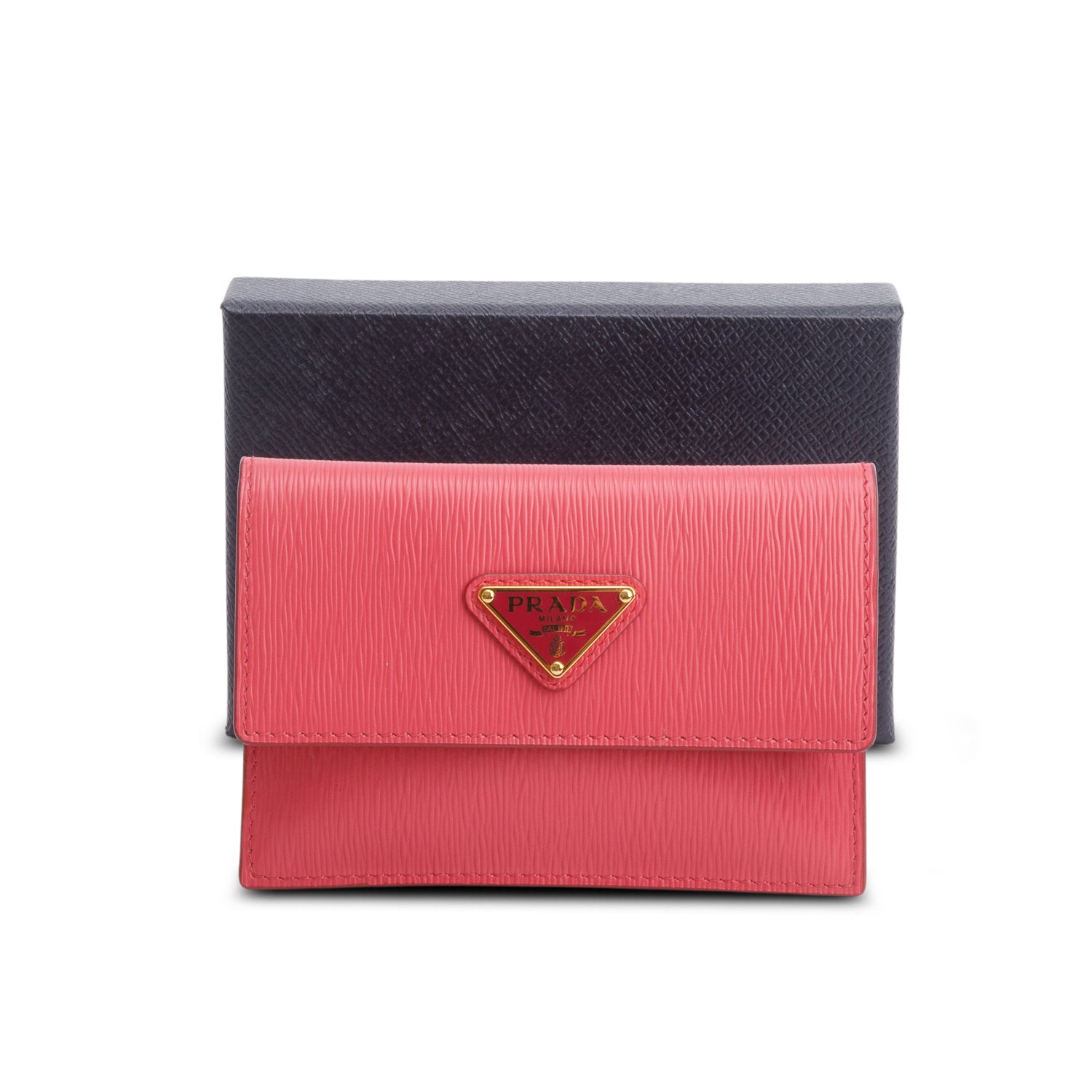 Prada Pink Saffiano Enamel Triangle Flap Card Holder w/ Box