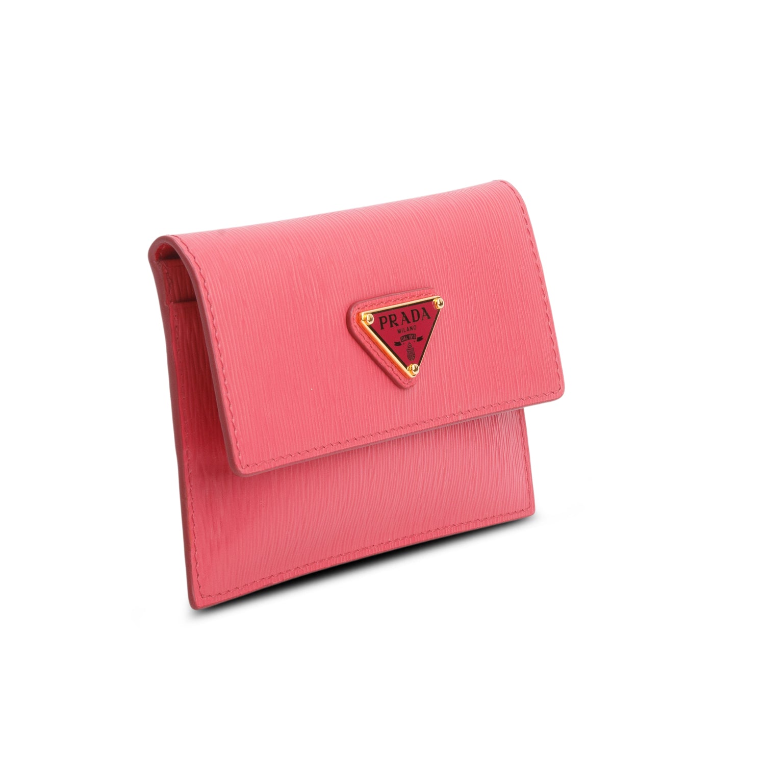 Prada Pink Saffiano Enamel Triangle Flap Card Holder w/ Box