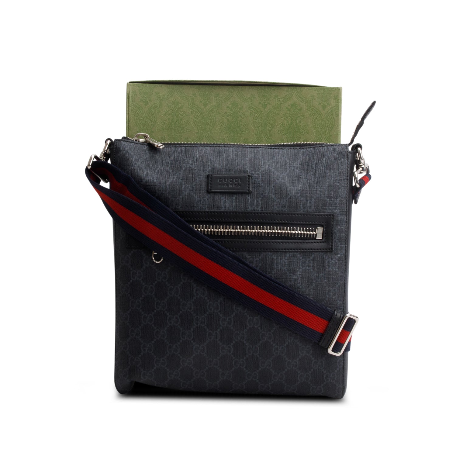 Gucci Black GG Supreme Canvas Calfskin Messenger Bag w/ Box