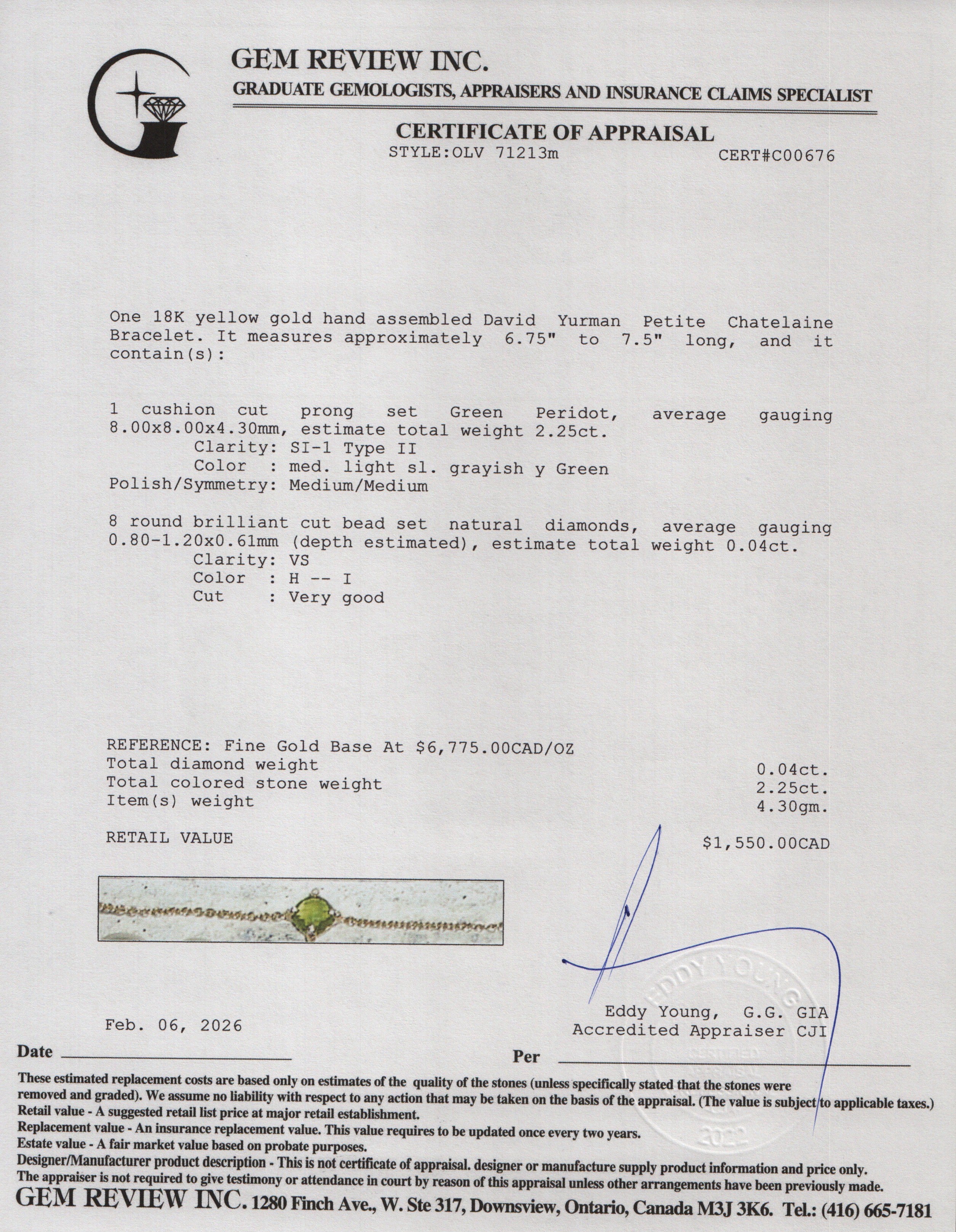 David Yurman 18k Yellow Gold Peridot & Diamond Petite Chatelaine Bracelet