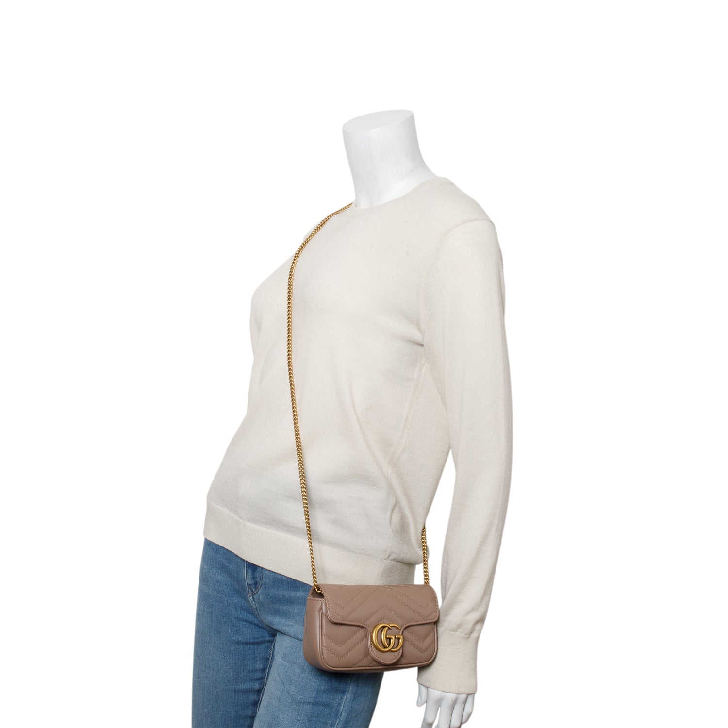 Gucci Taupe GG Marmont Matelasse Leather Super Mini Bag w/ Box