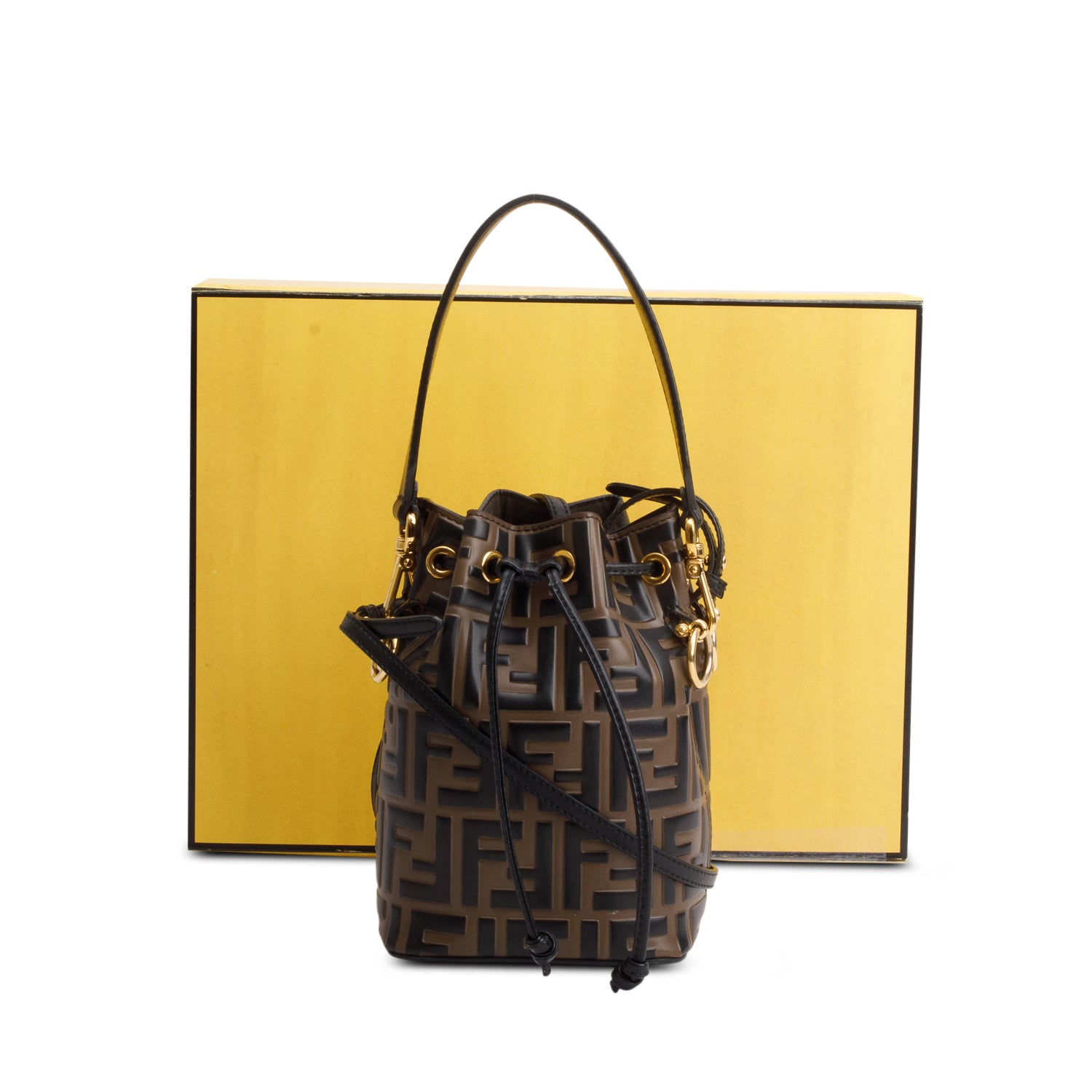 Fendi Brown/Black Vitello Liberty F is Fendi FF 1974 Embossed Mini Mon Tresor Bucket Bag w/ Box & Straps