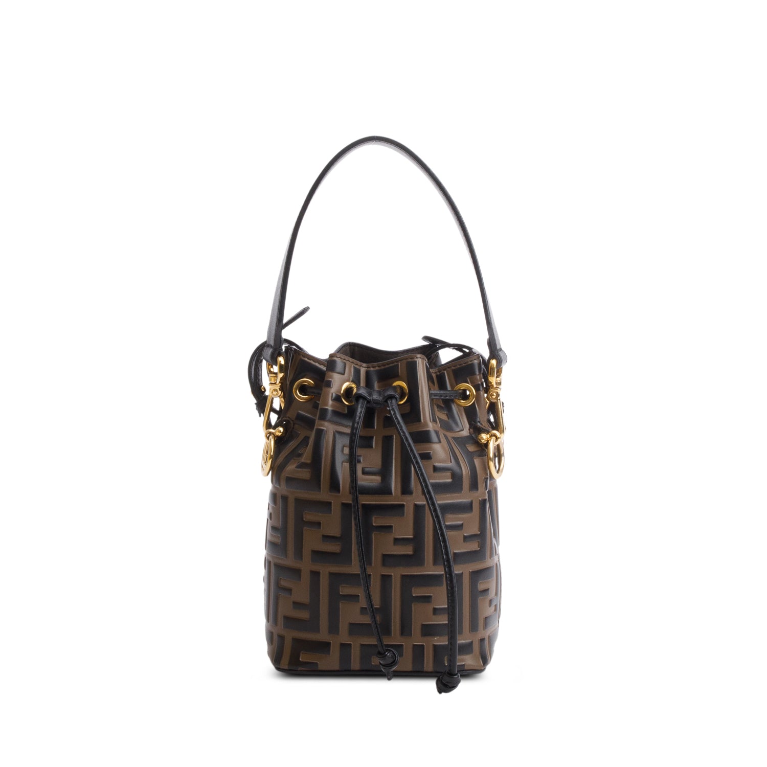 Fendi Brown/Black Vitello Liberty F is Fendi FF 1974 Embossed Mini Mon Tresor Bucket Bag w/ Box & Straps