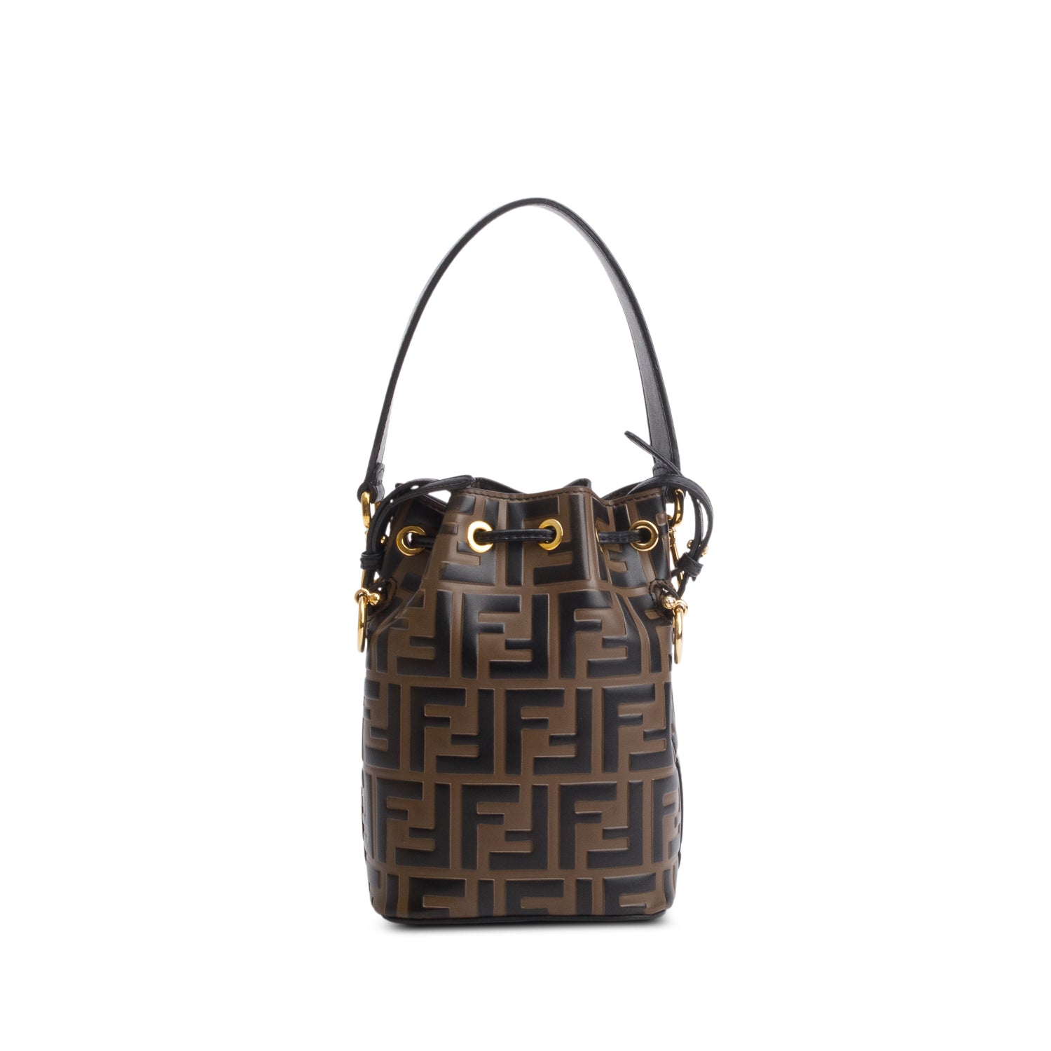 Fendi Brown/Black Vitello Liberty F is Fendi FF 1974 Embossed Mini Mon Tresor Bucket Bag w/ Box & Straps
