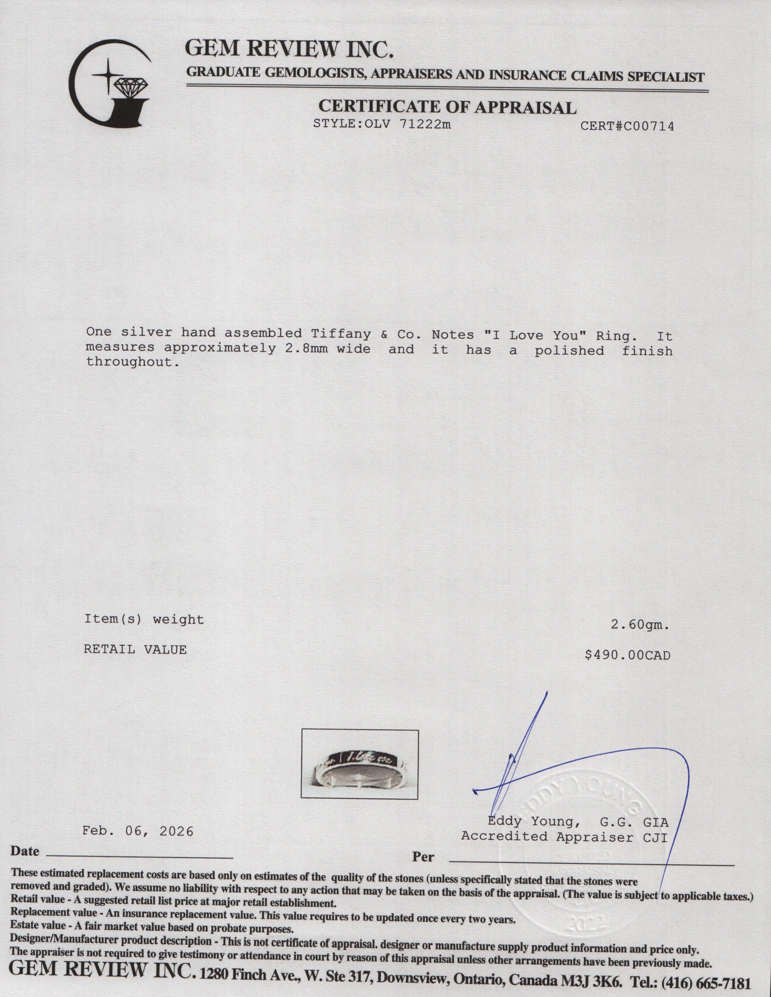 Tiffany & Co. Sterling Silver Notes "I Love You" Ring, Size 4.75