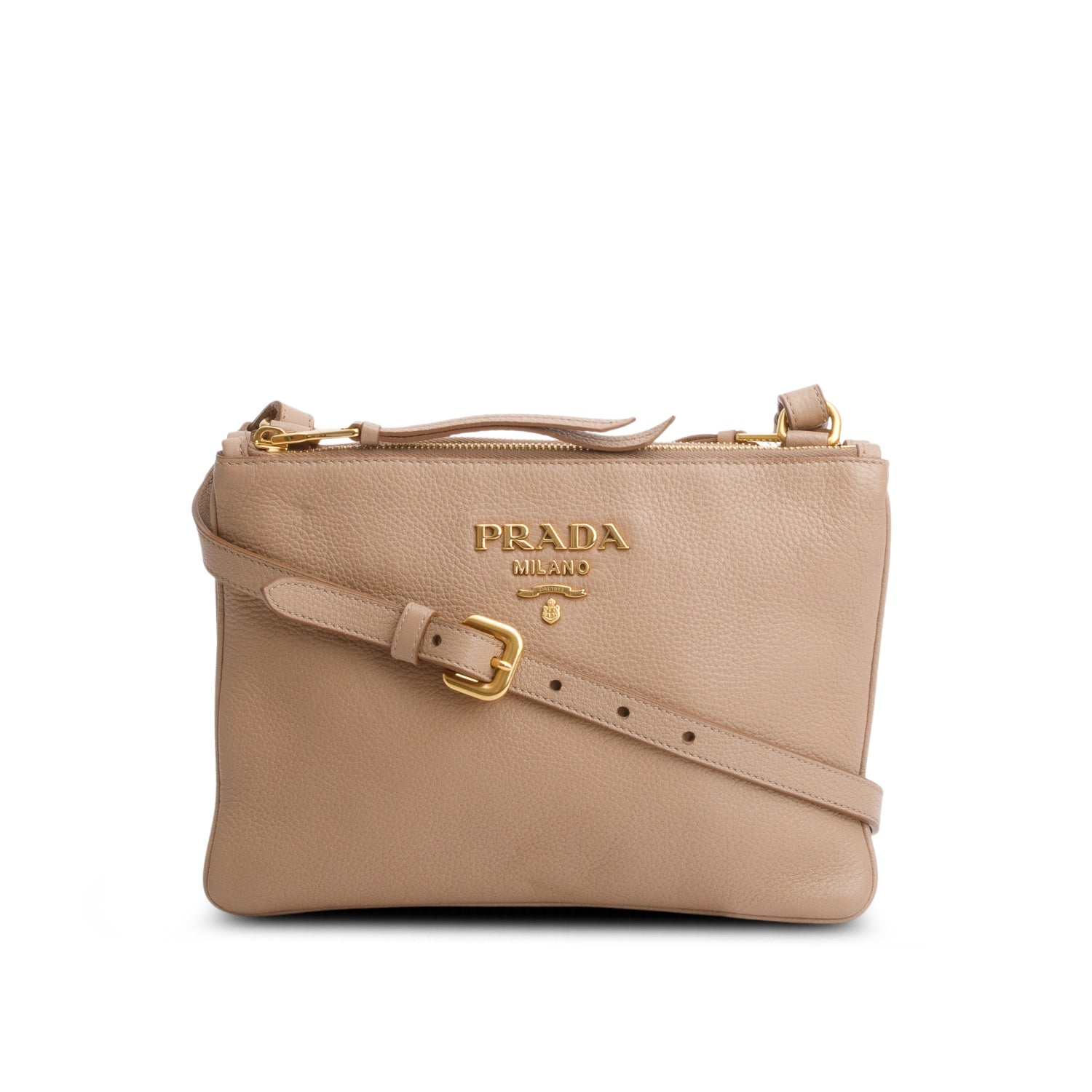 Prada Brown Vitello Daino Double Zip Crossbody Bag w/ Authenticity Card