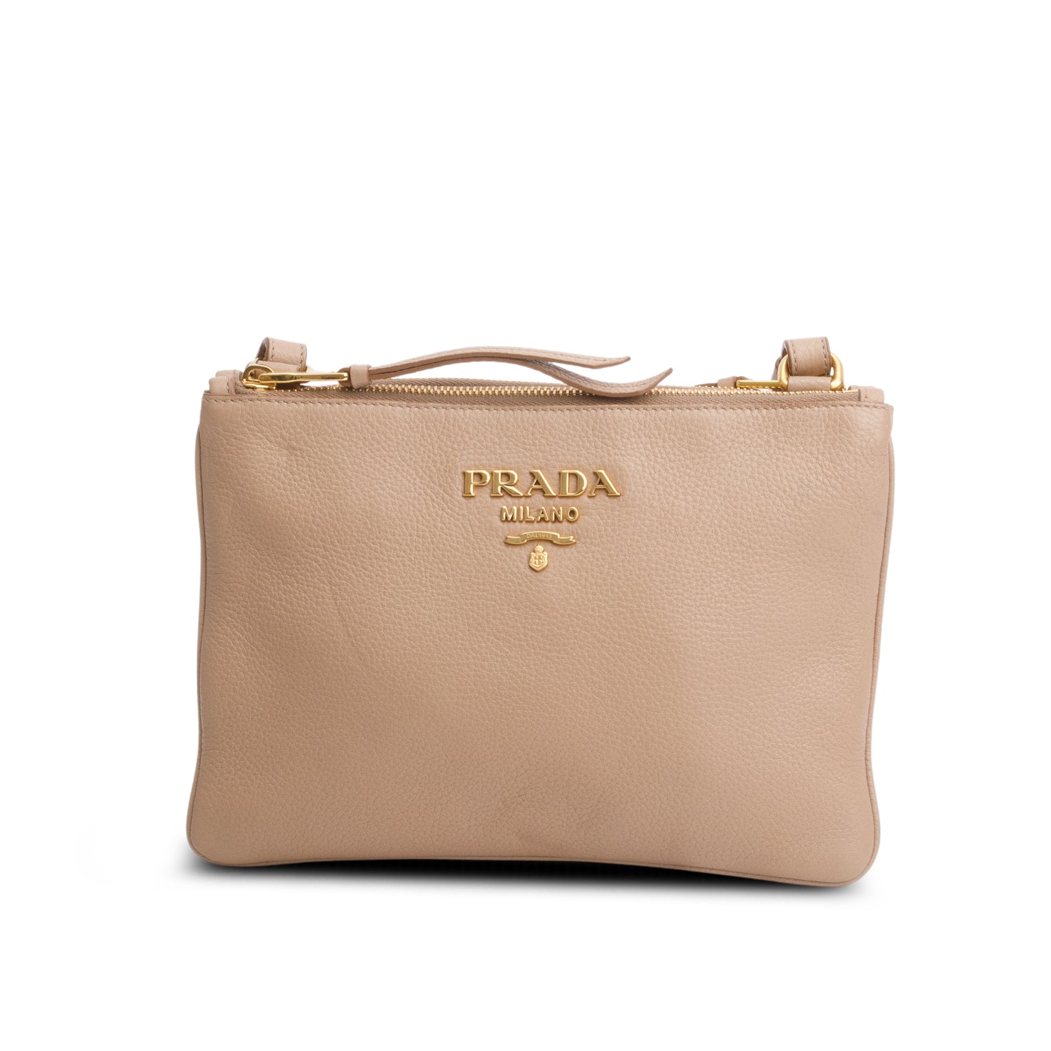 Prada Brown Vitello Daino Double Zip Crossbody Bag w/ Authenticity Card