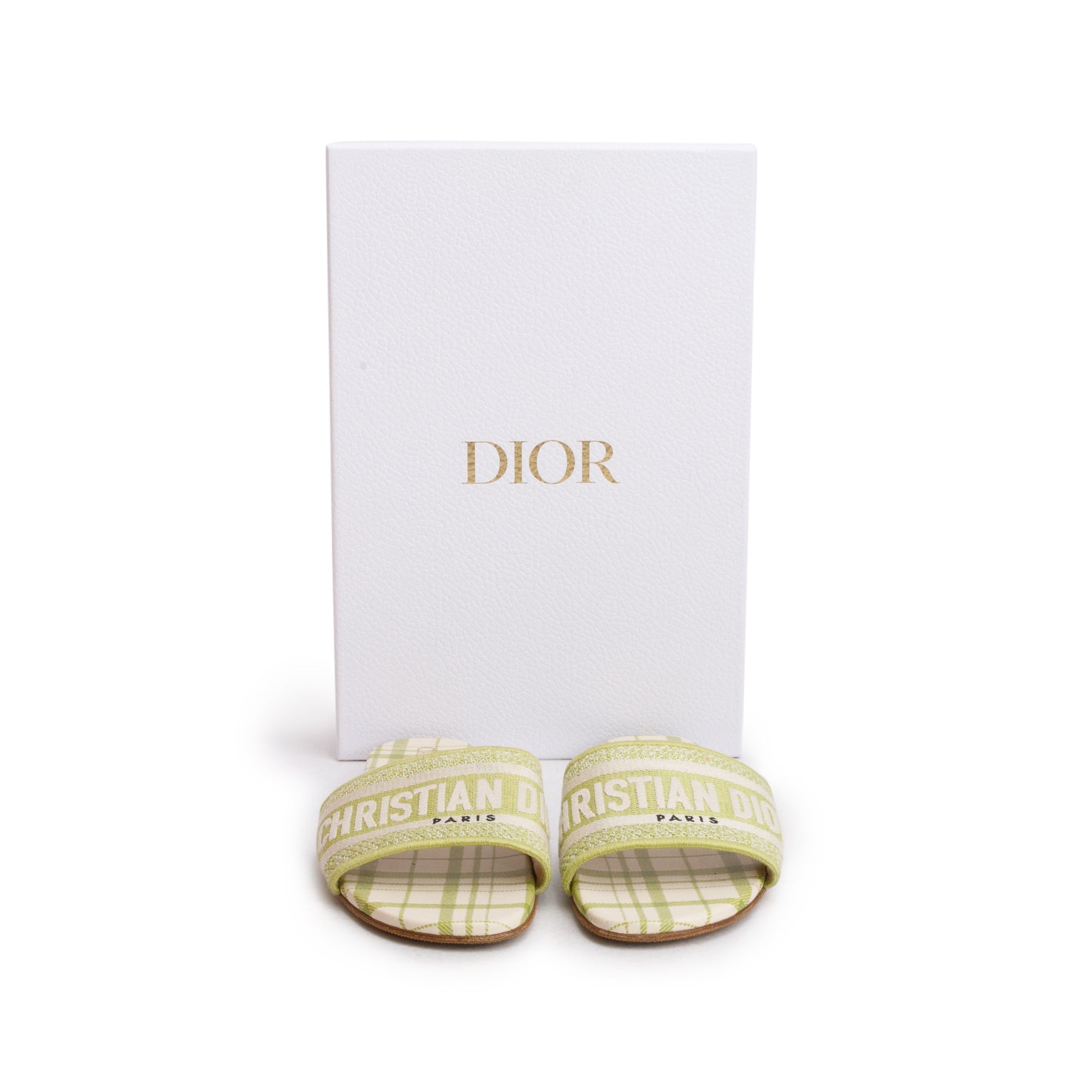 Christian Dior 2021 Green Canvas Check'N'Dior Pop Embroidered Dway Flat Slide Sandals, Women's Size 36.5 w/ Box