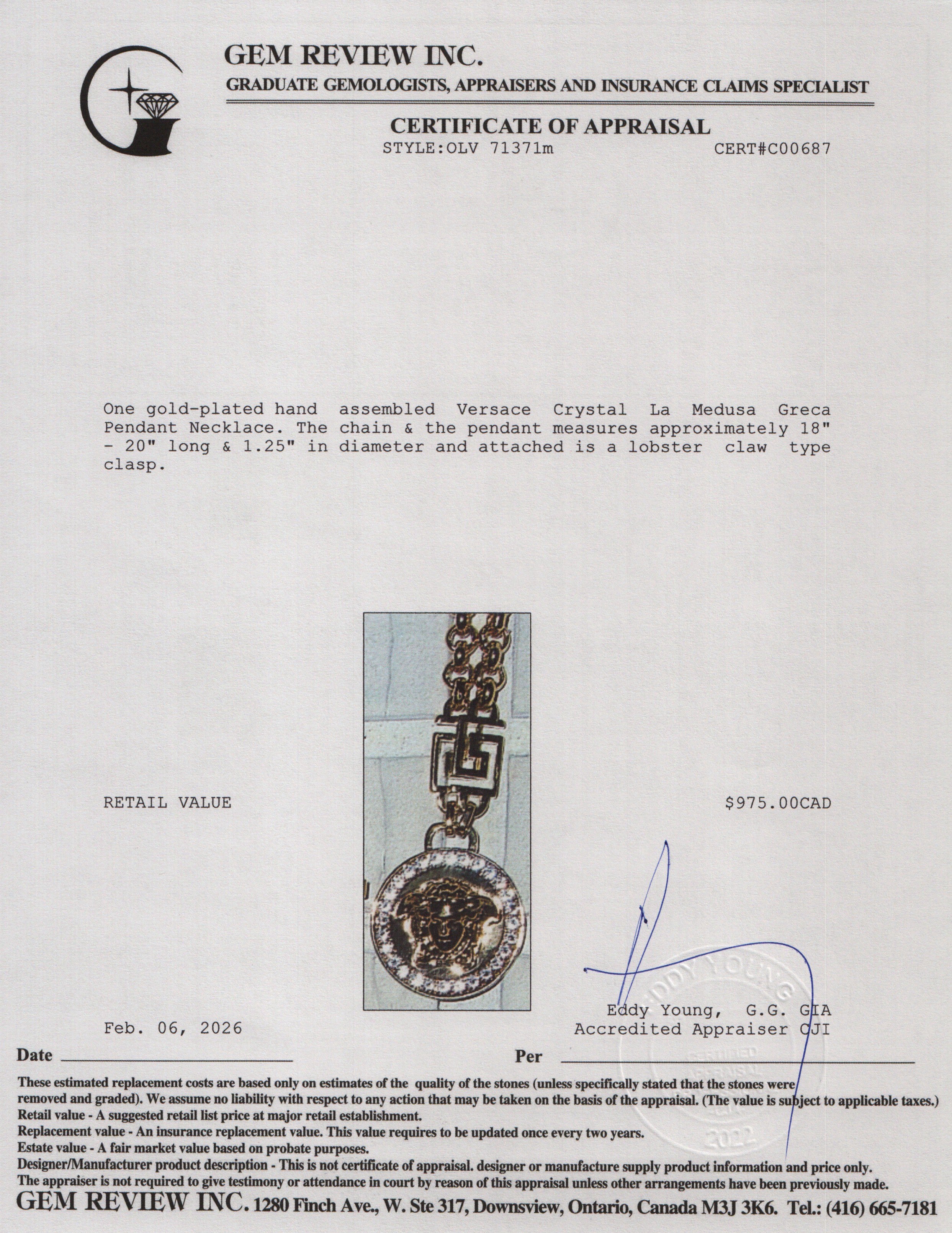 Versace Gold Plated Crystal La Medusa Greca Pendant Necklace w/ Box