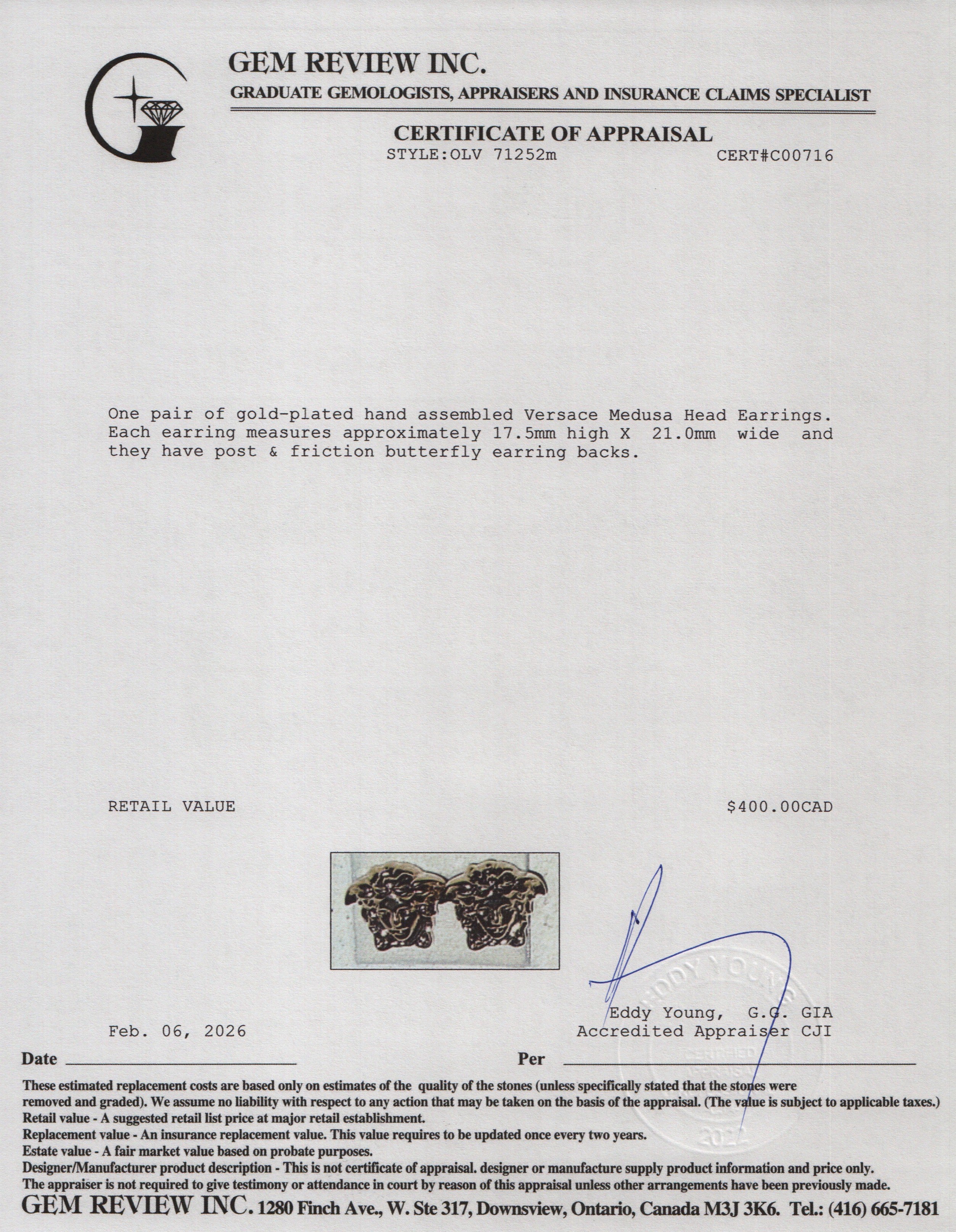 Versace Gold Plated Medusa Head Earrings w/ Box