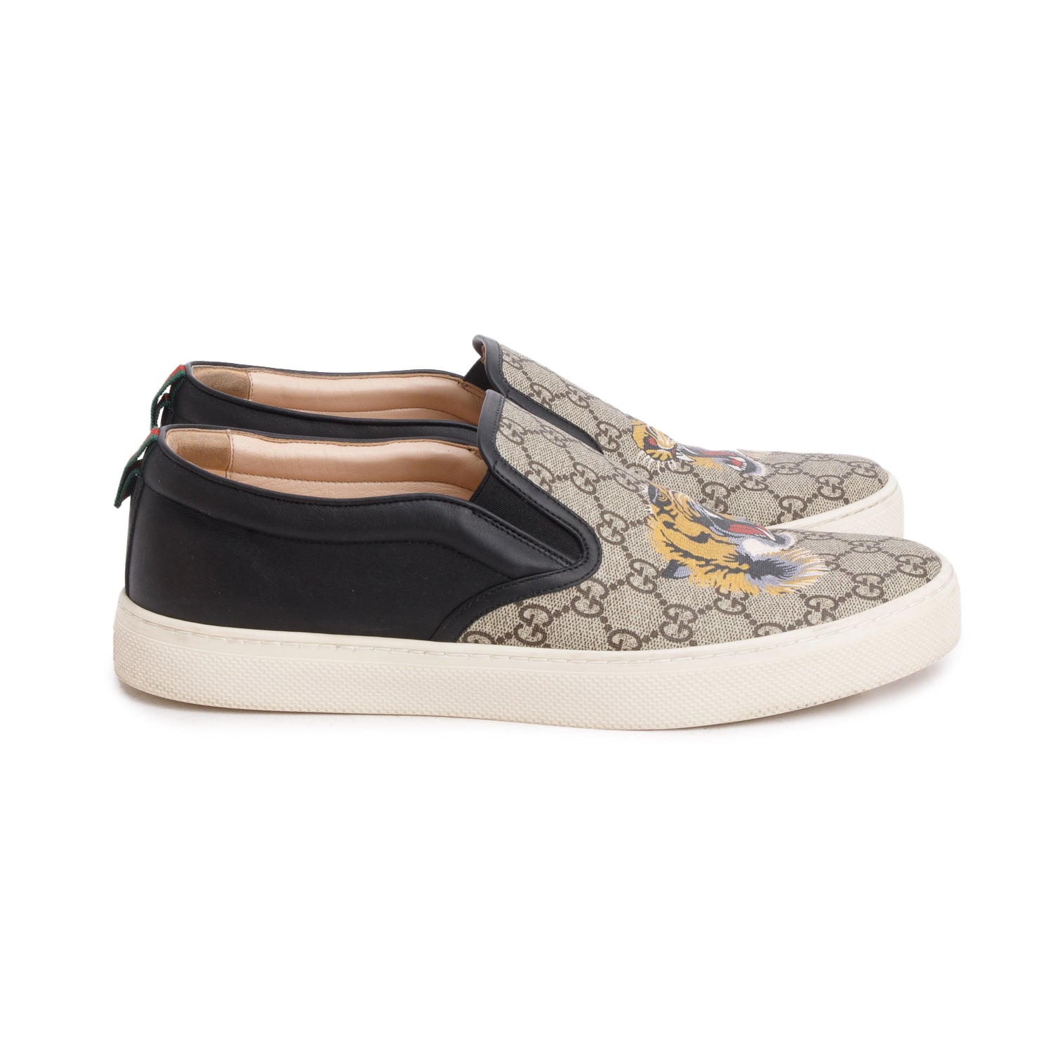 Gucci GG Monogram Supreme Canvas/Calfskin Tiger Slip On Sneakers, Men's Size 11 w/ Box