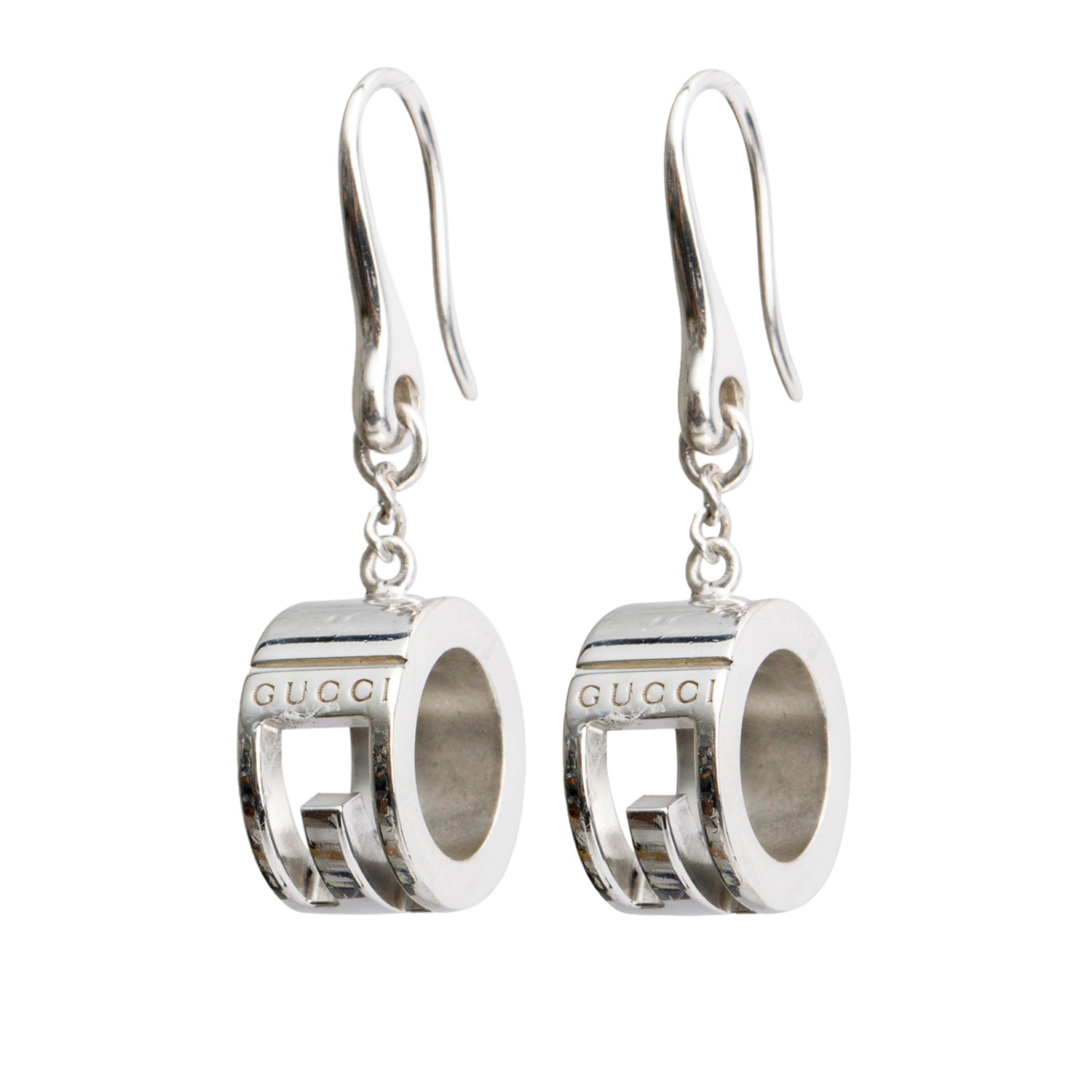 Gucci Sterling Silver Cut Out G Circle Drop Earrings