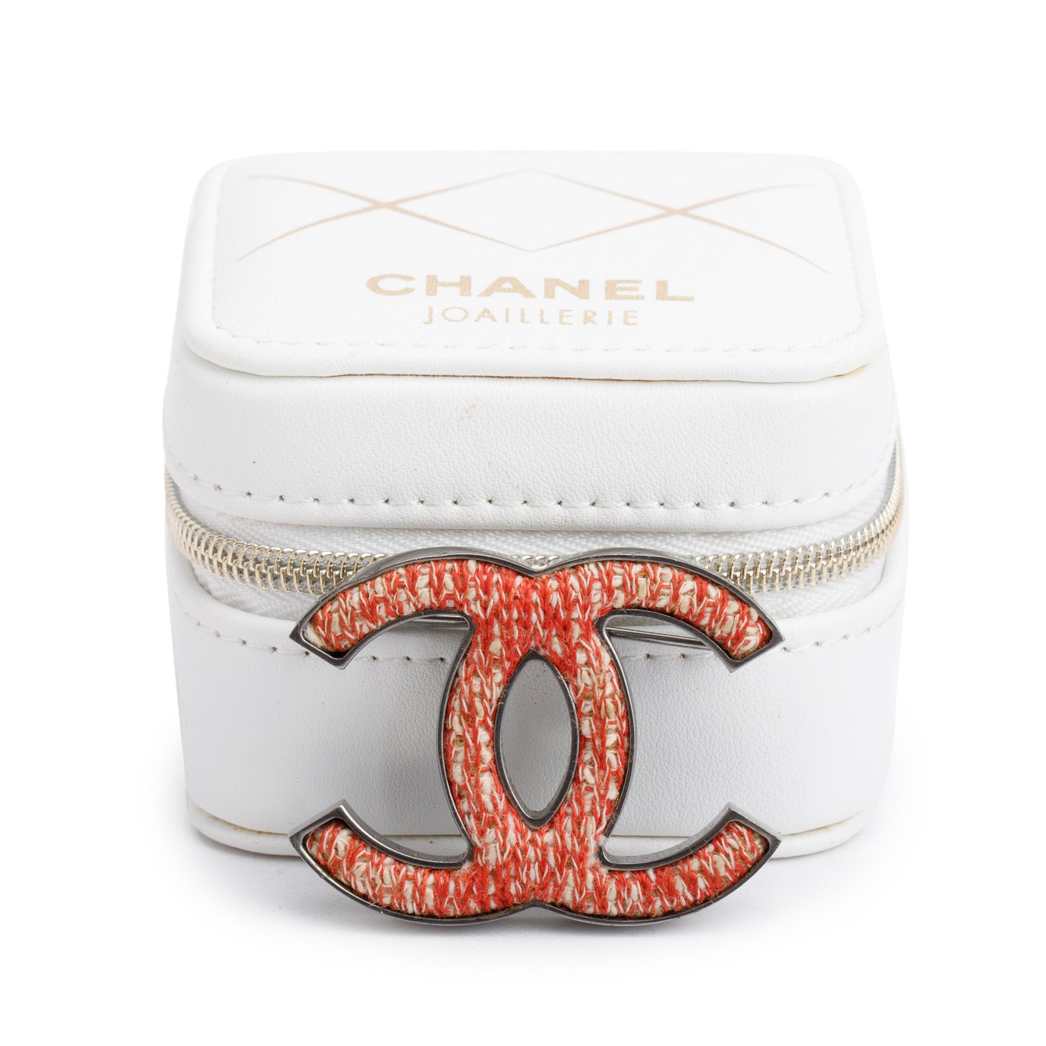 Chanel Palladium Plated Orange Tweed CC Pin Brooch w/ Box