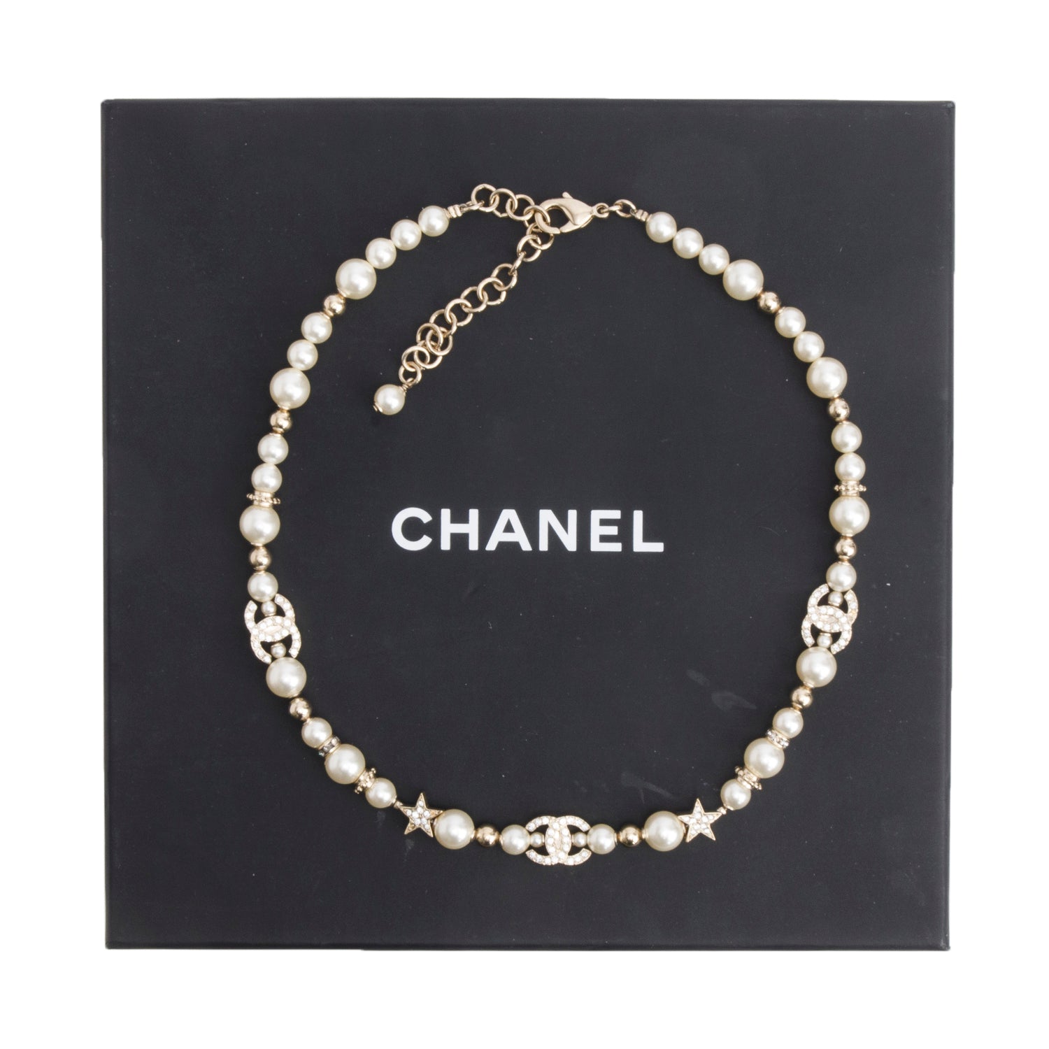 Chanel 2023 Gold Plated Faux Pearl & Strass CC Star Necklace w/ Box