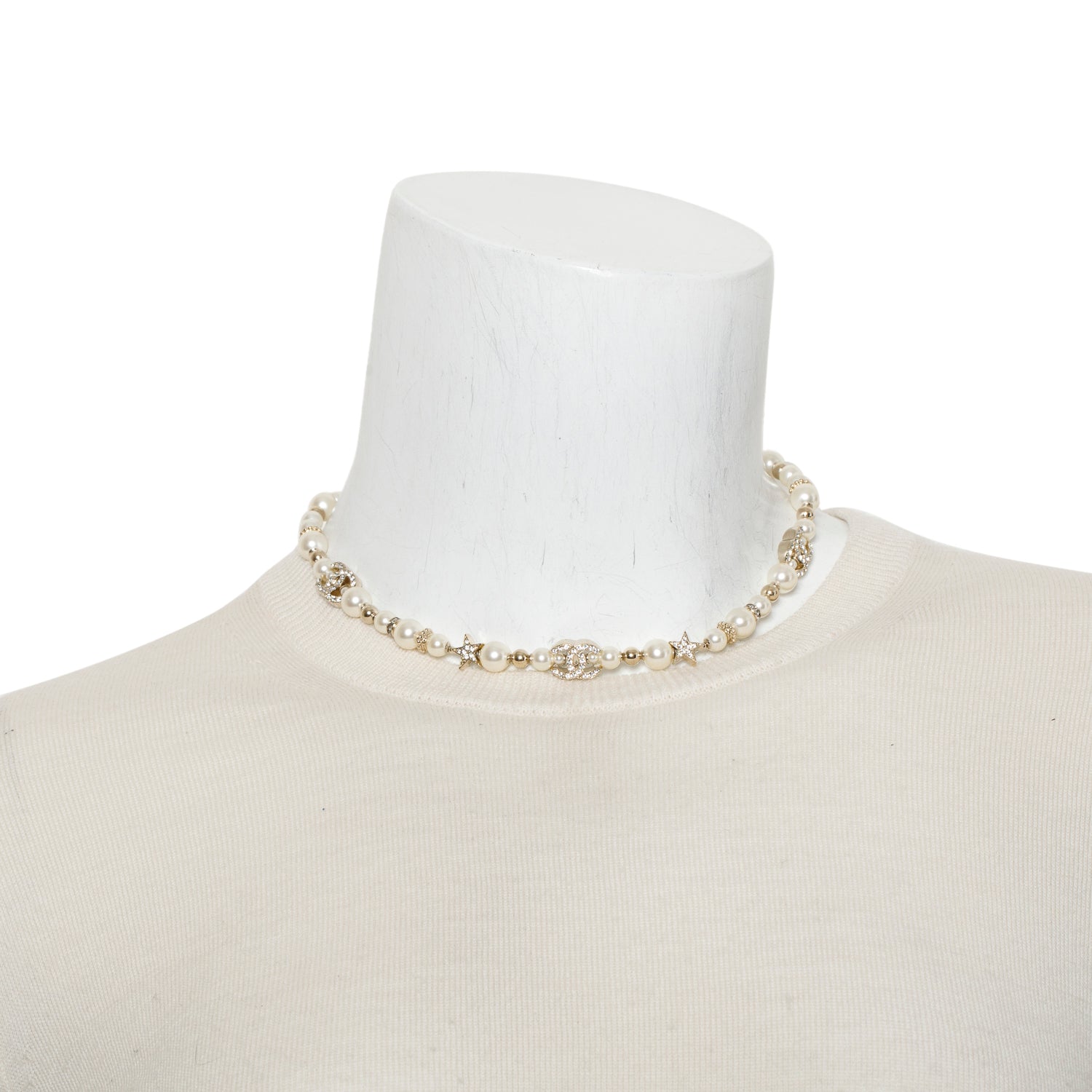 Chanel 2023 Gold Plated Faux Pearl & Strass CC Star Necklace w/ Box