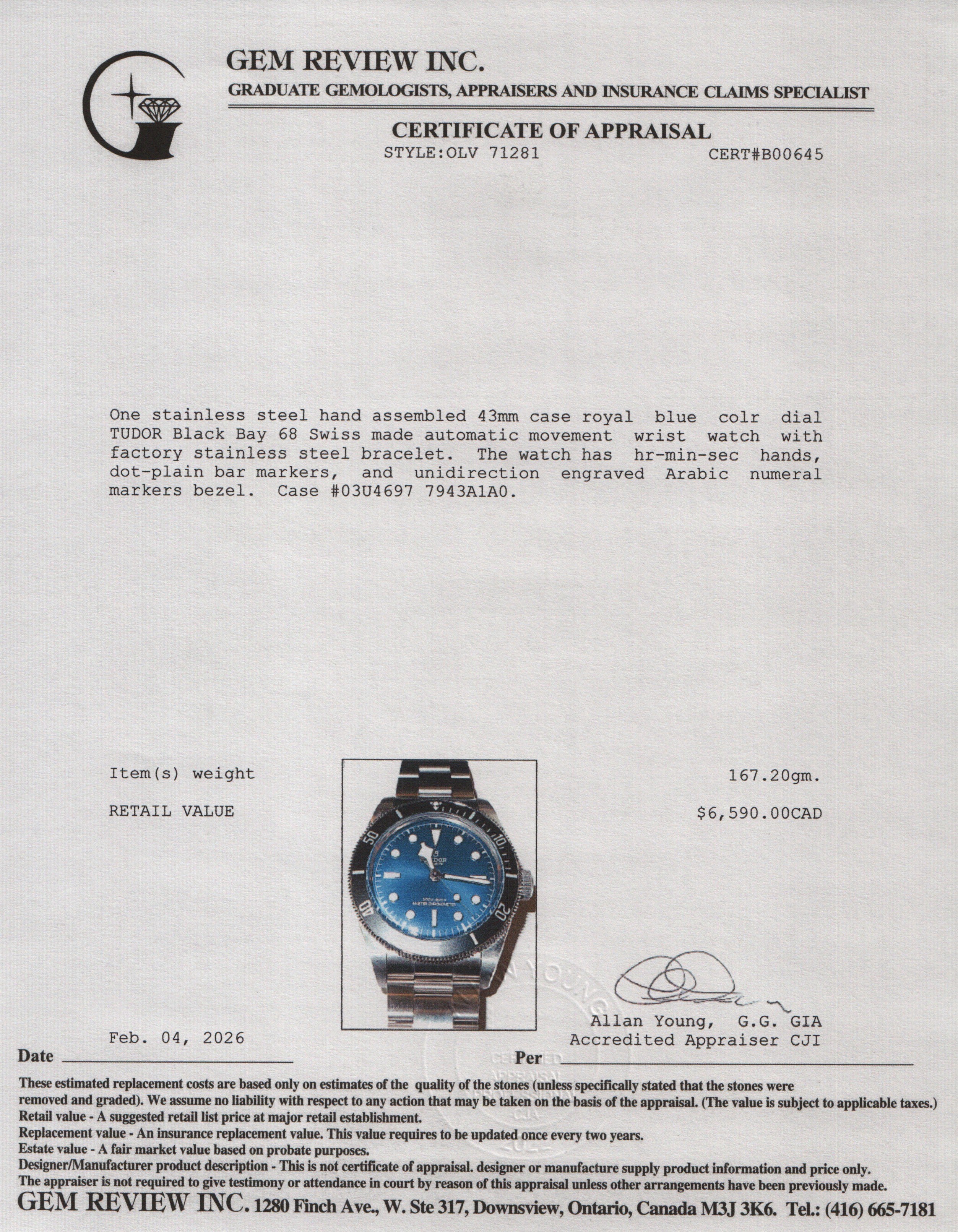 Tudor 2025 Stainless Steel Black Bay 68 43 MM Automatic Watch Blue Dial 7943A1A0NU w/ Box & Papers