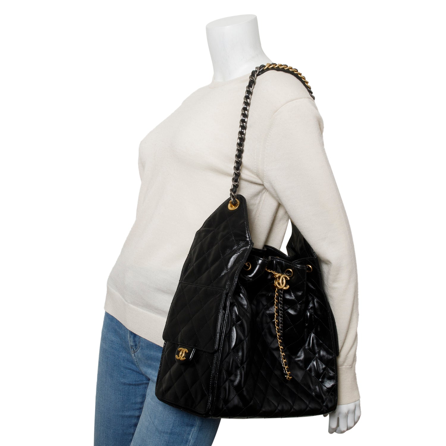 Chanel 2025 Black Shiny Calfskin Quilted Medium 25 Handbag w/ Box, Pouch & Receipt