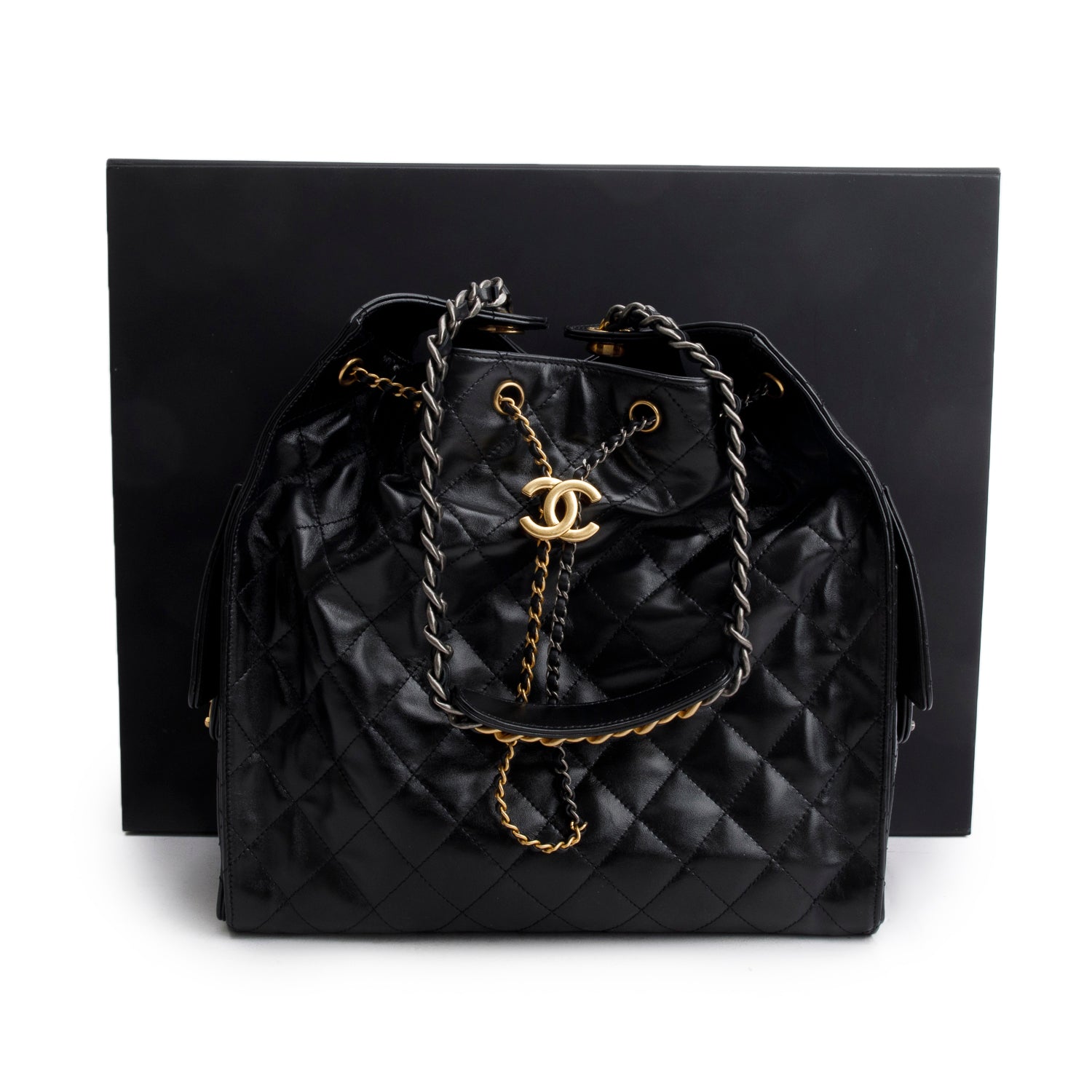 Chanel 2025 Black Shiny Calfskin Quilted Medium 25 Handbag w/ Box, Pouch & Receipt
