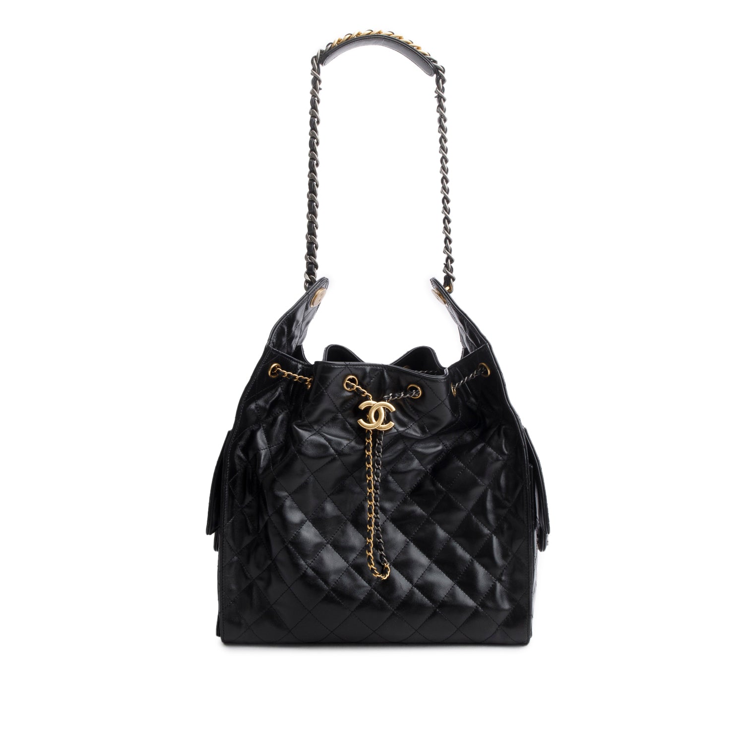 Chanel 2025 Black Shiny Calfskin Quilted Medium 25 Handbag w/ Box, Pouch & Receipt