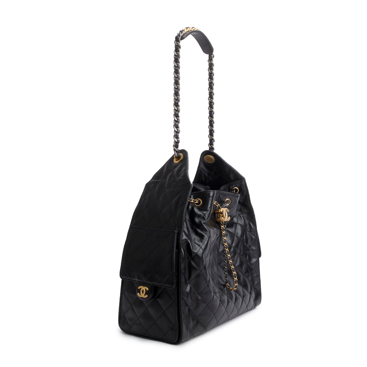 Chanel 2025 Black Shiny Calfskin Quilted Medium 25 Handbag w/ Box, Pouch & Receipt