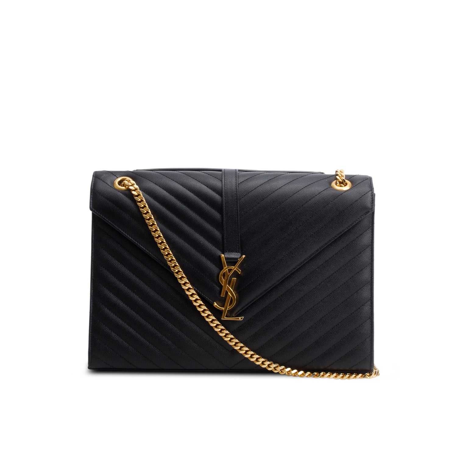 Saint Lauren Black Grain de Poudre Matelasse Large Monogram Envelope Bag w/ Box