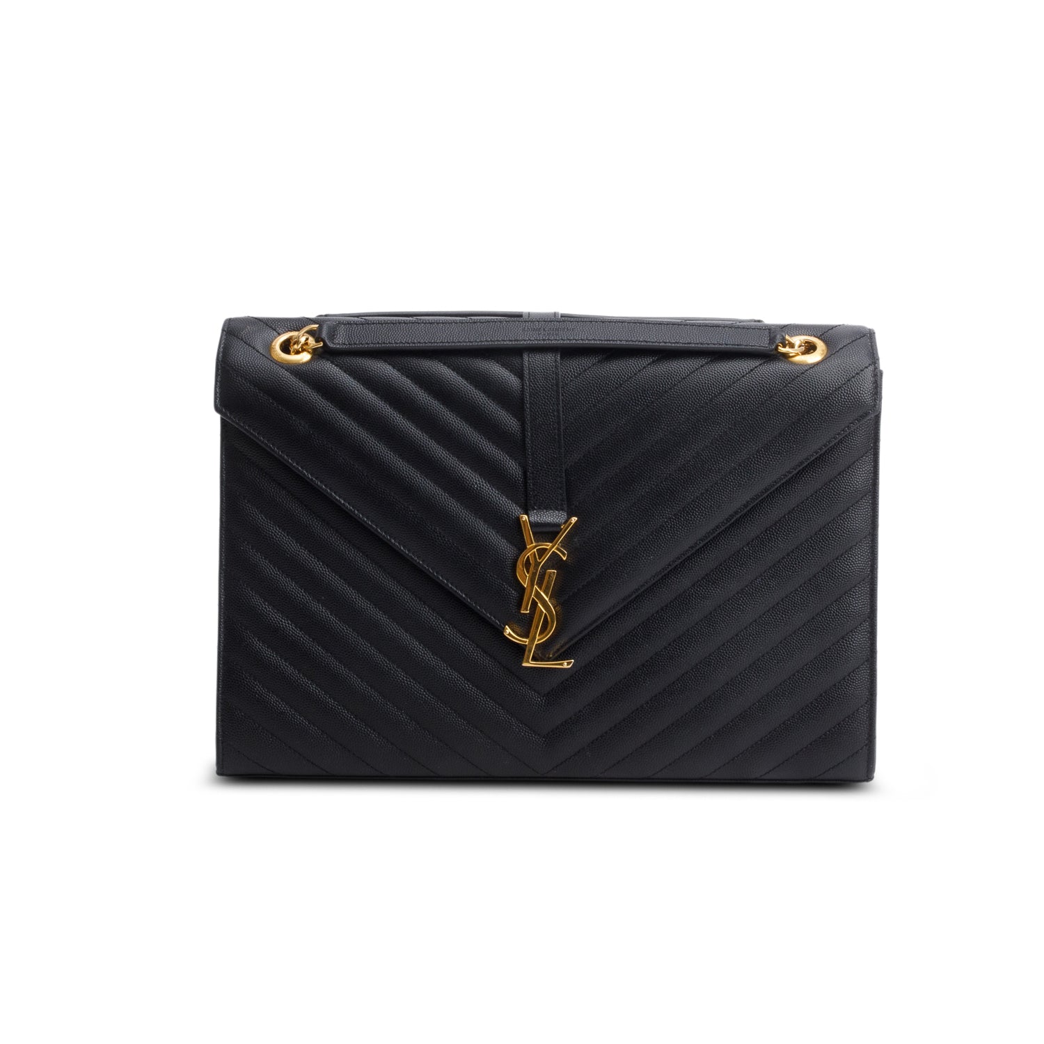 Saint Lauren Black Grain de Poudre Matelasse Large Monogram Envelope Bag w/ Box